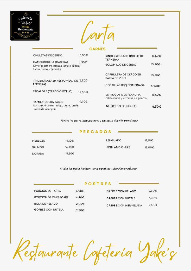 Yake's Cafetería Restaurante меню