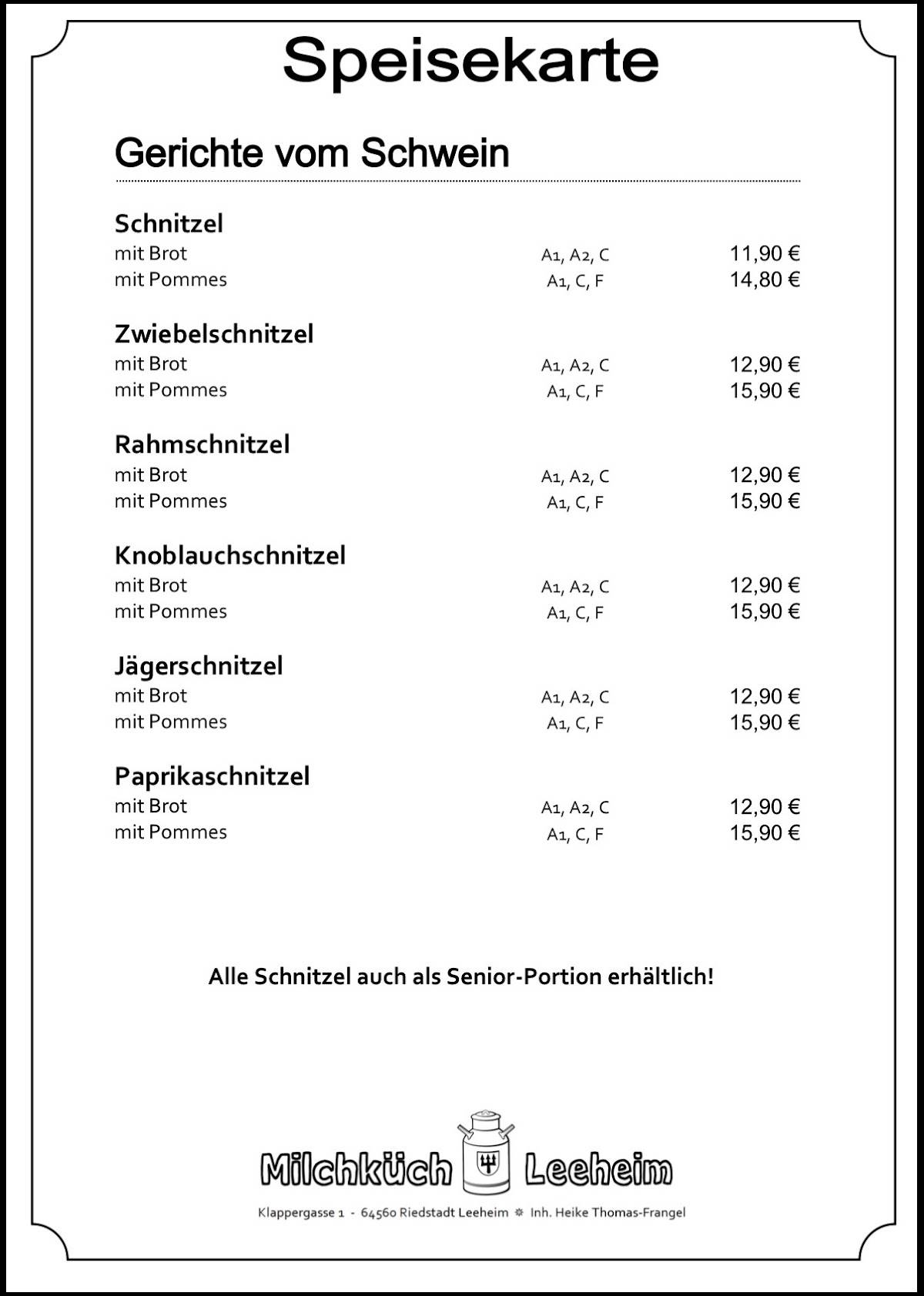 Zur Milchküch меню