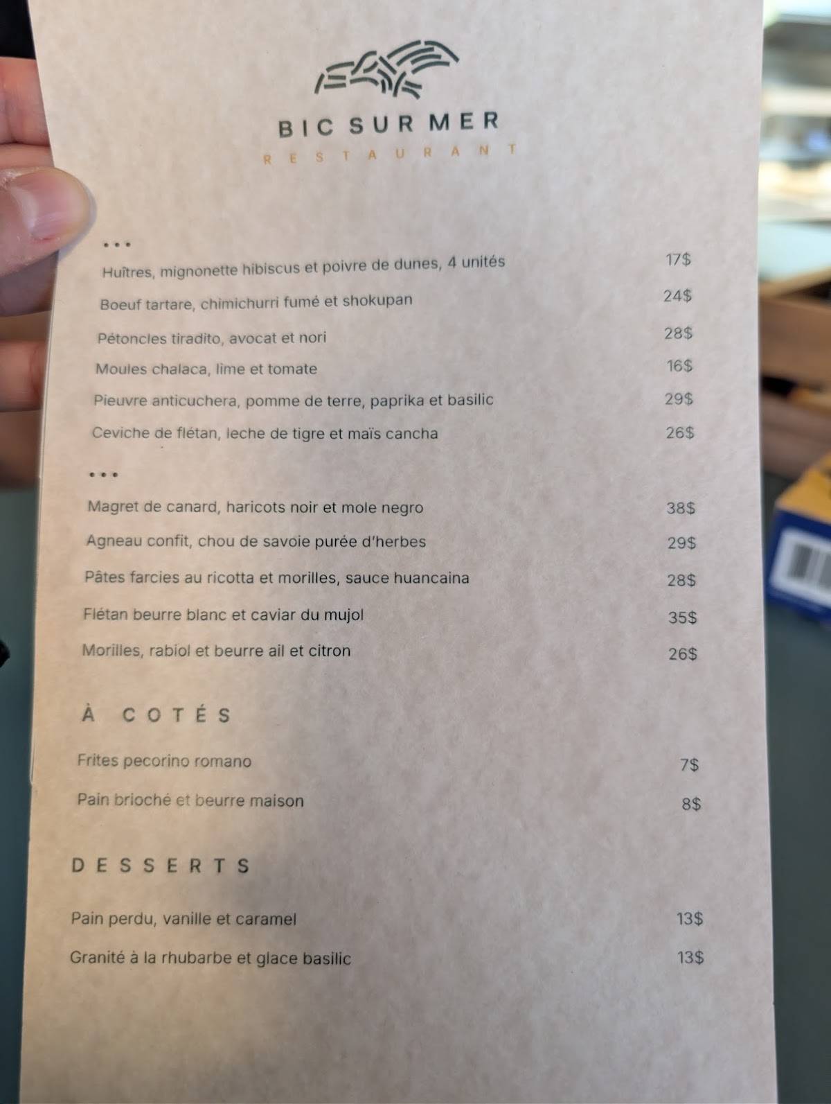 Restaurant de Bic sur Mer меню