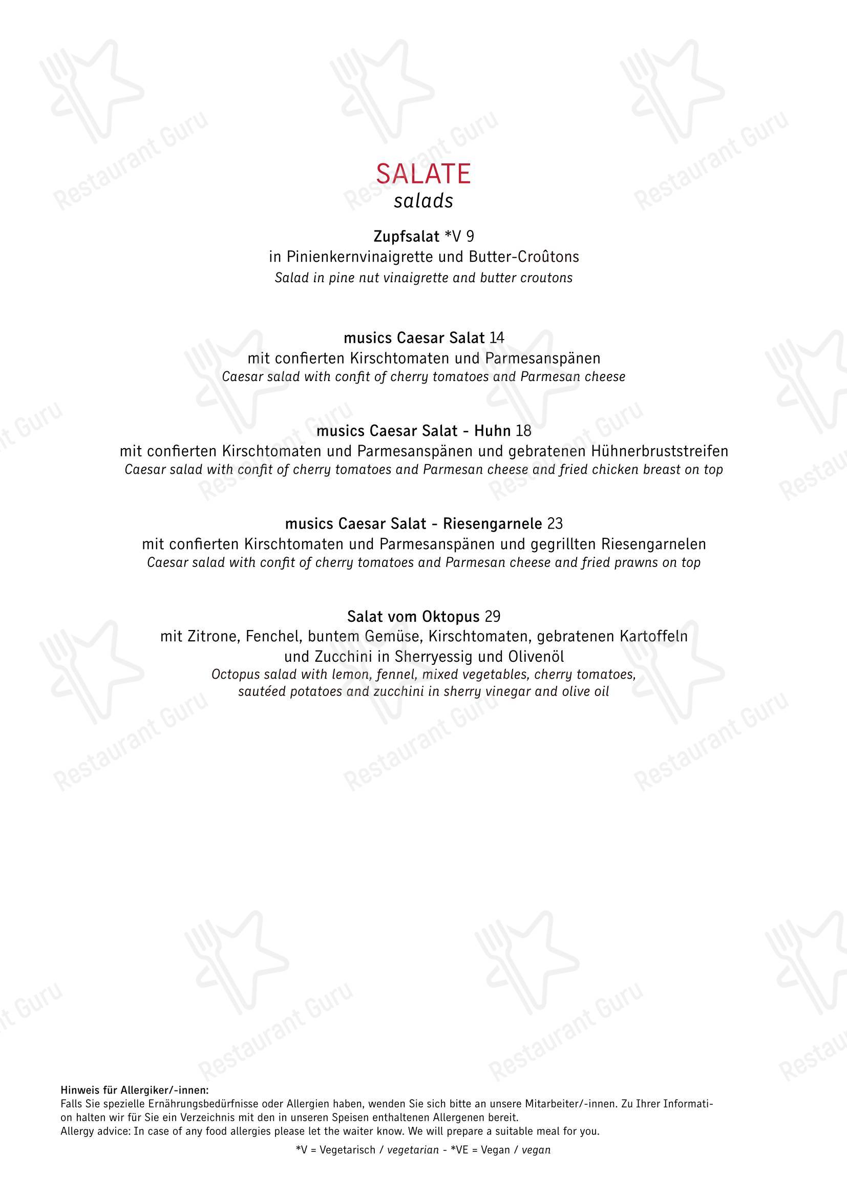 Меню ресторана Restaurant musics в Кемптене