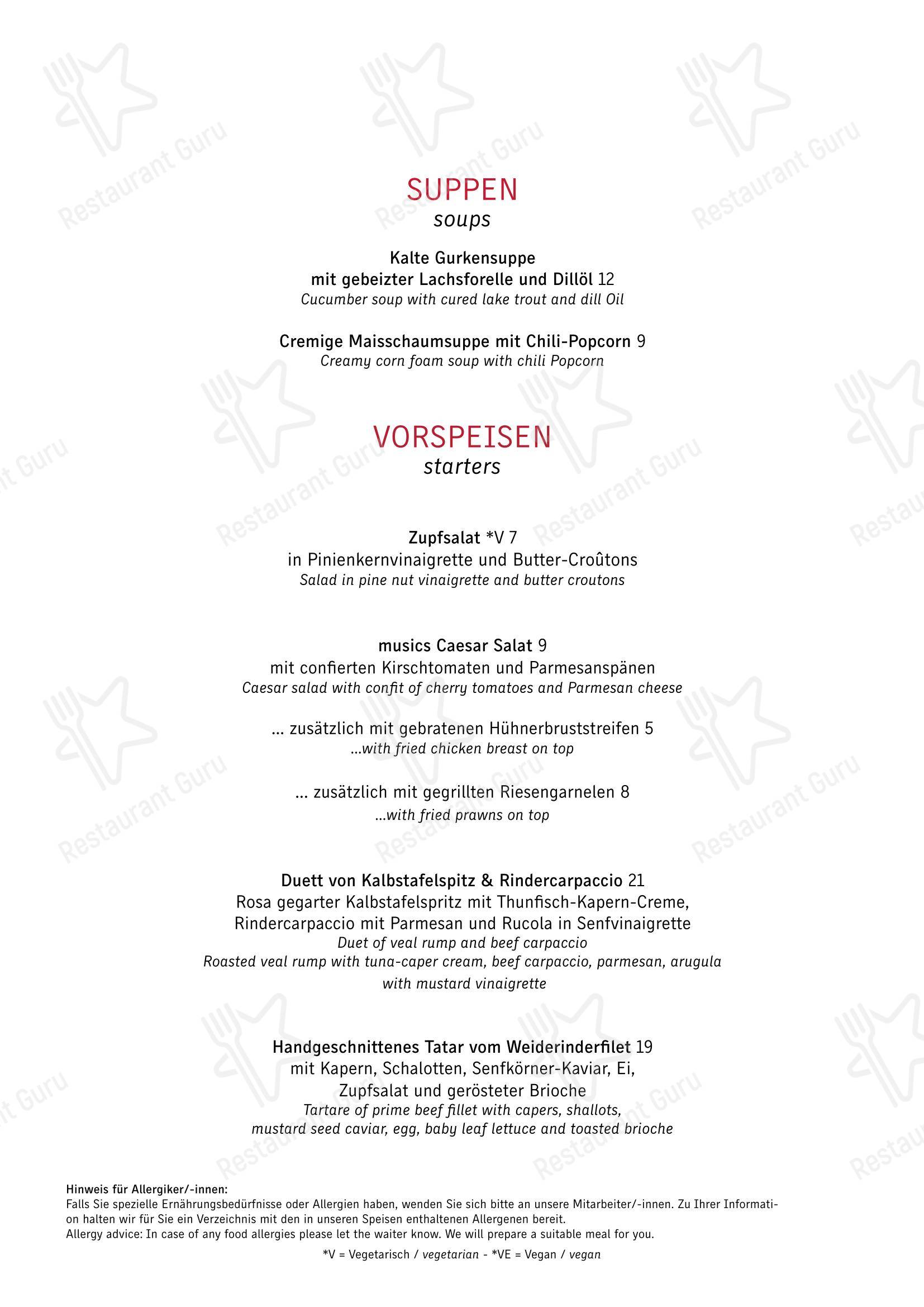 Меню ресторана Restaurant musics в Кемптене