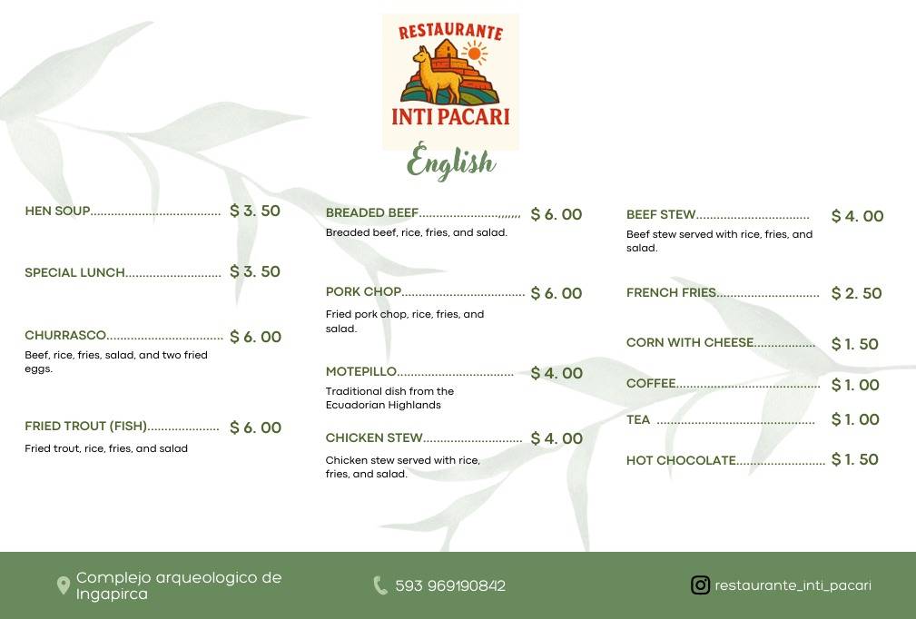 Restaurante Inti Pacari меню