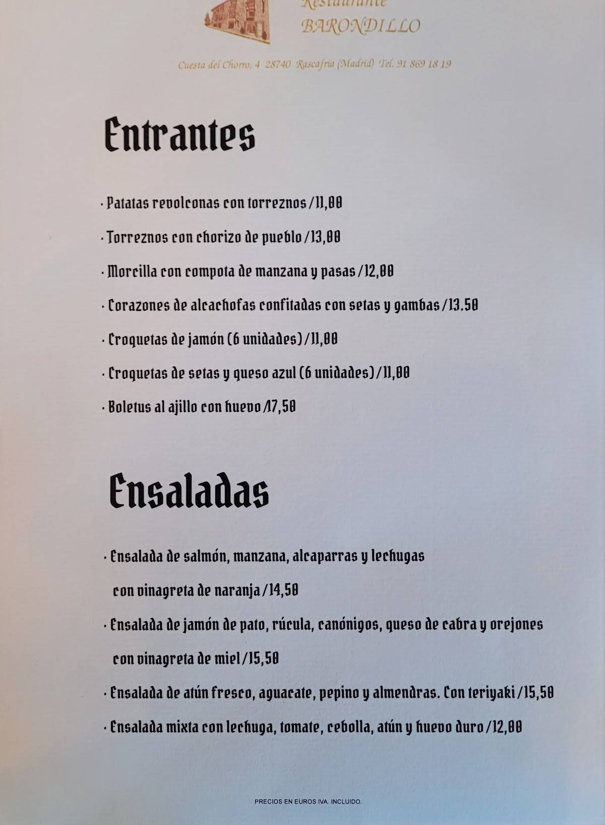 Restaurante hotel El Barondillo меню