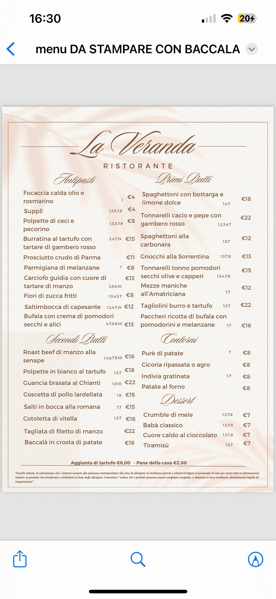 Ristorante La Veranda меню