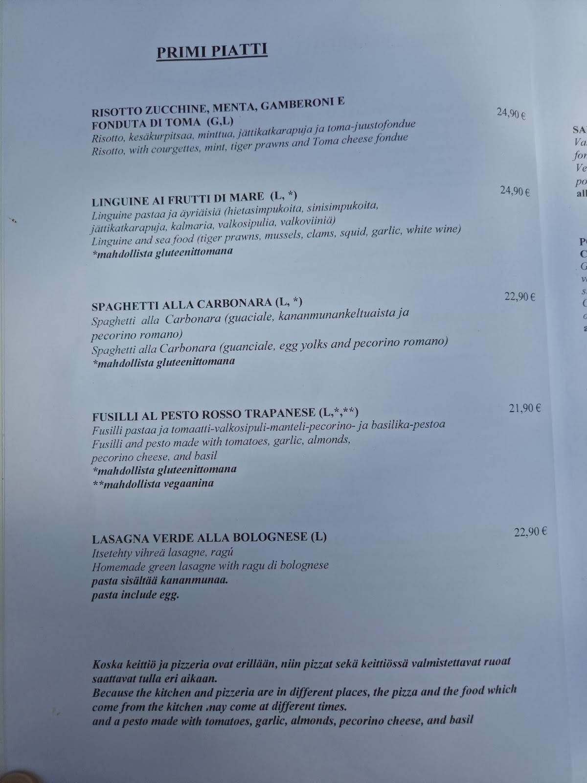 Ristorante Sergio’s меню