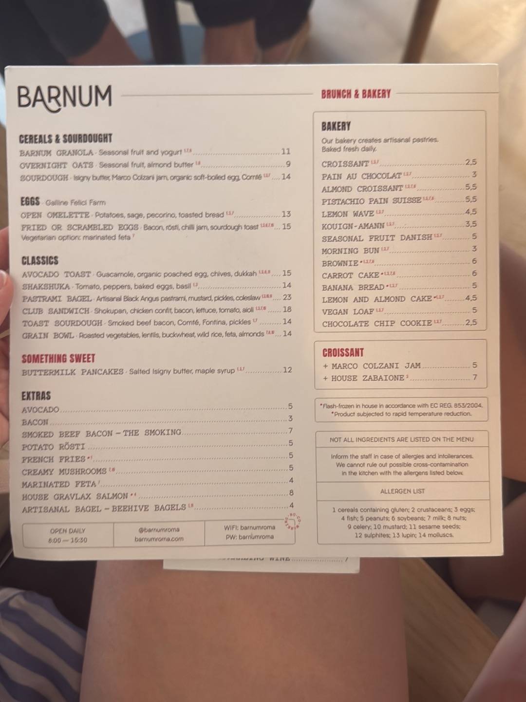Barnum Roma меню