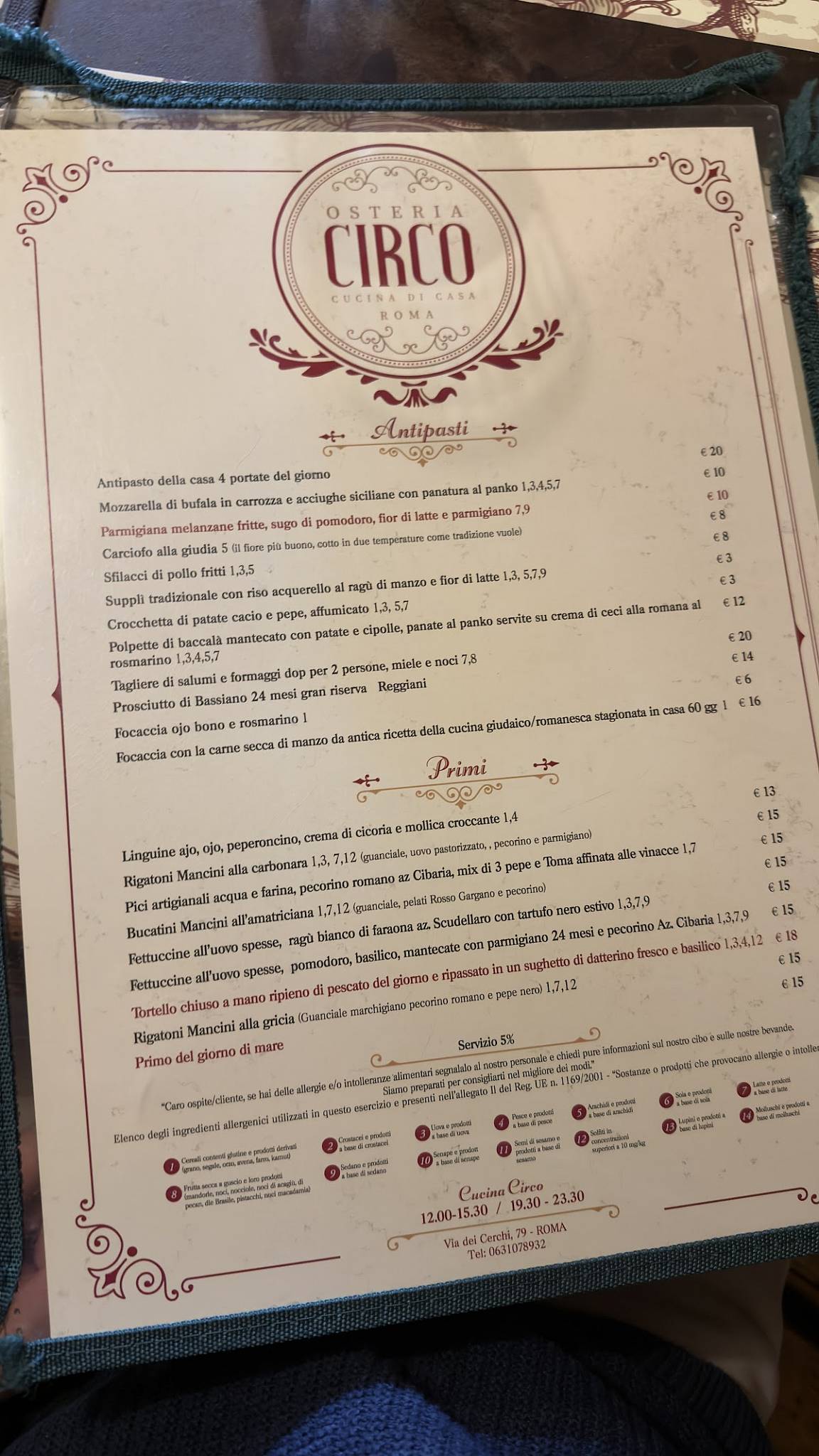 Osteria Circo меню