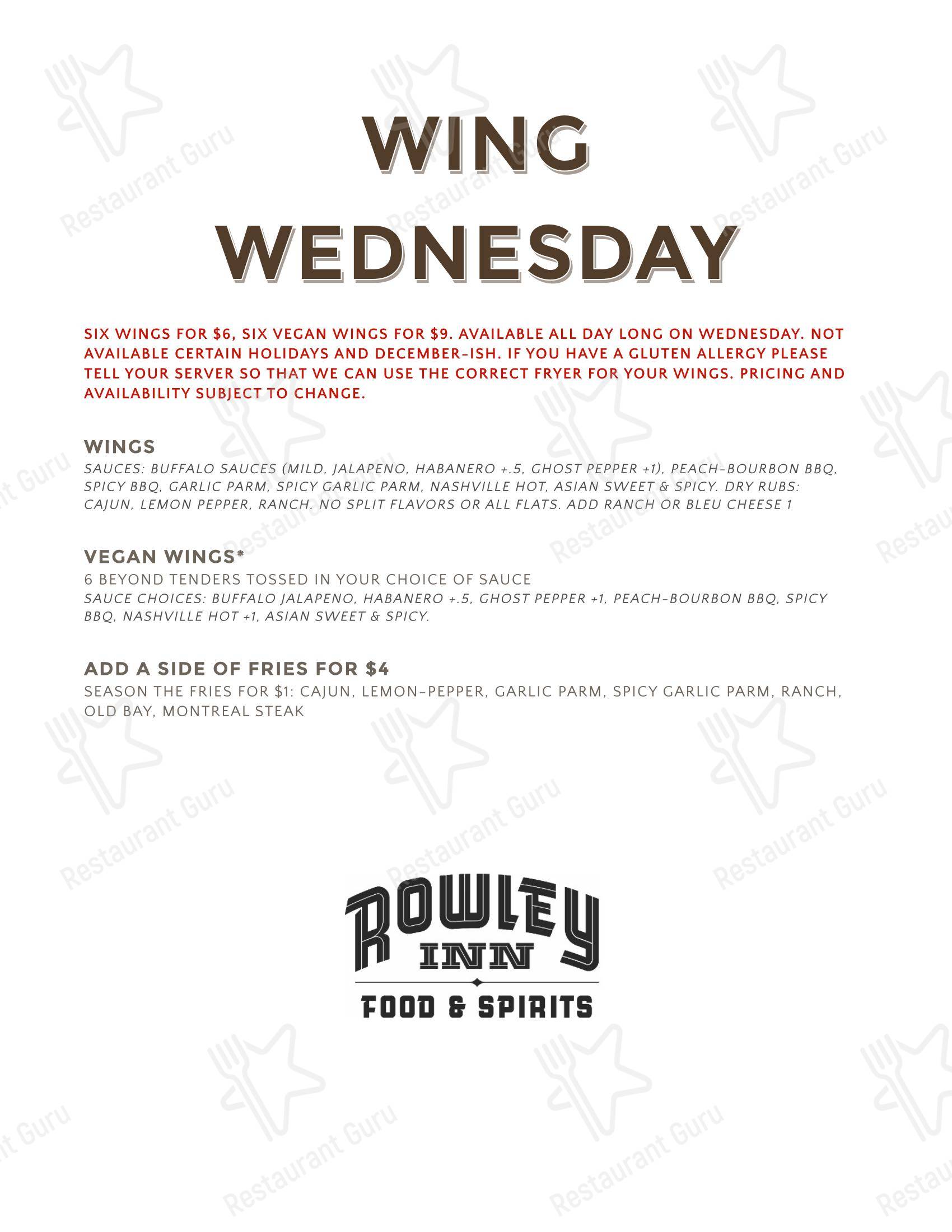 Dinner Menu паба и бара Rowley Inn в Кливленде