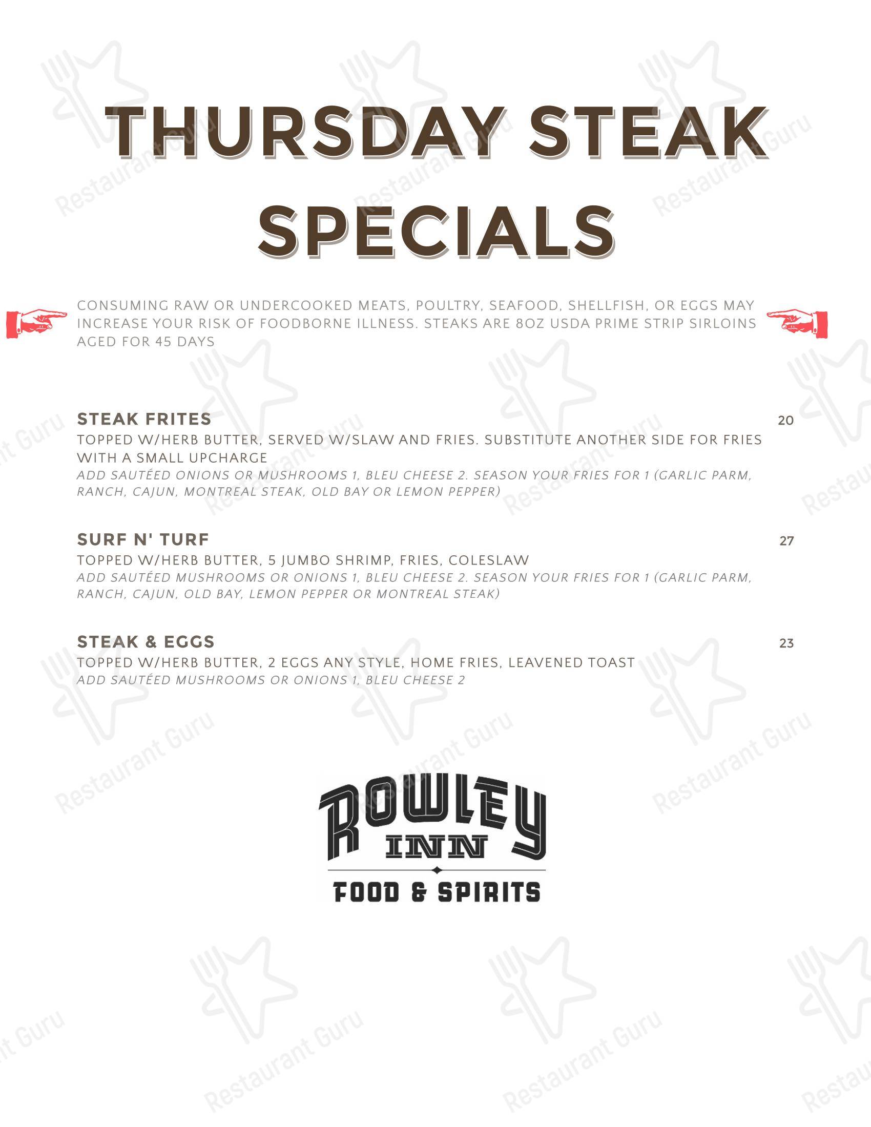 Dinner Menu паба и бара Rowley Inn в Кливленде