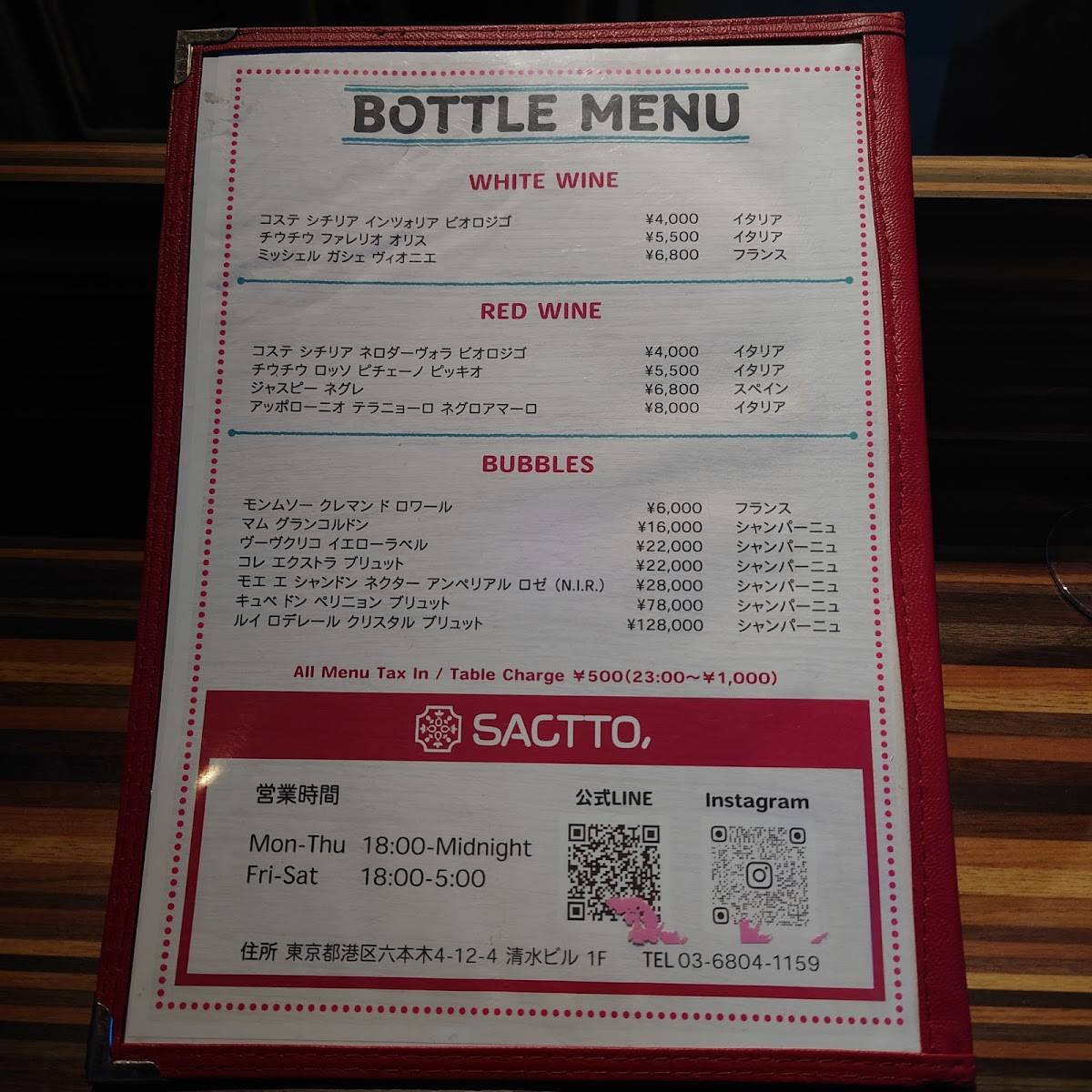 SACTTO, меню
