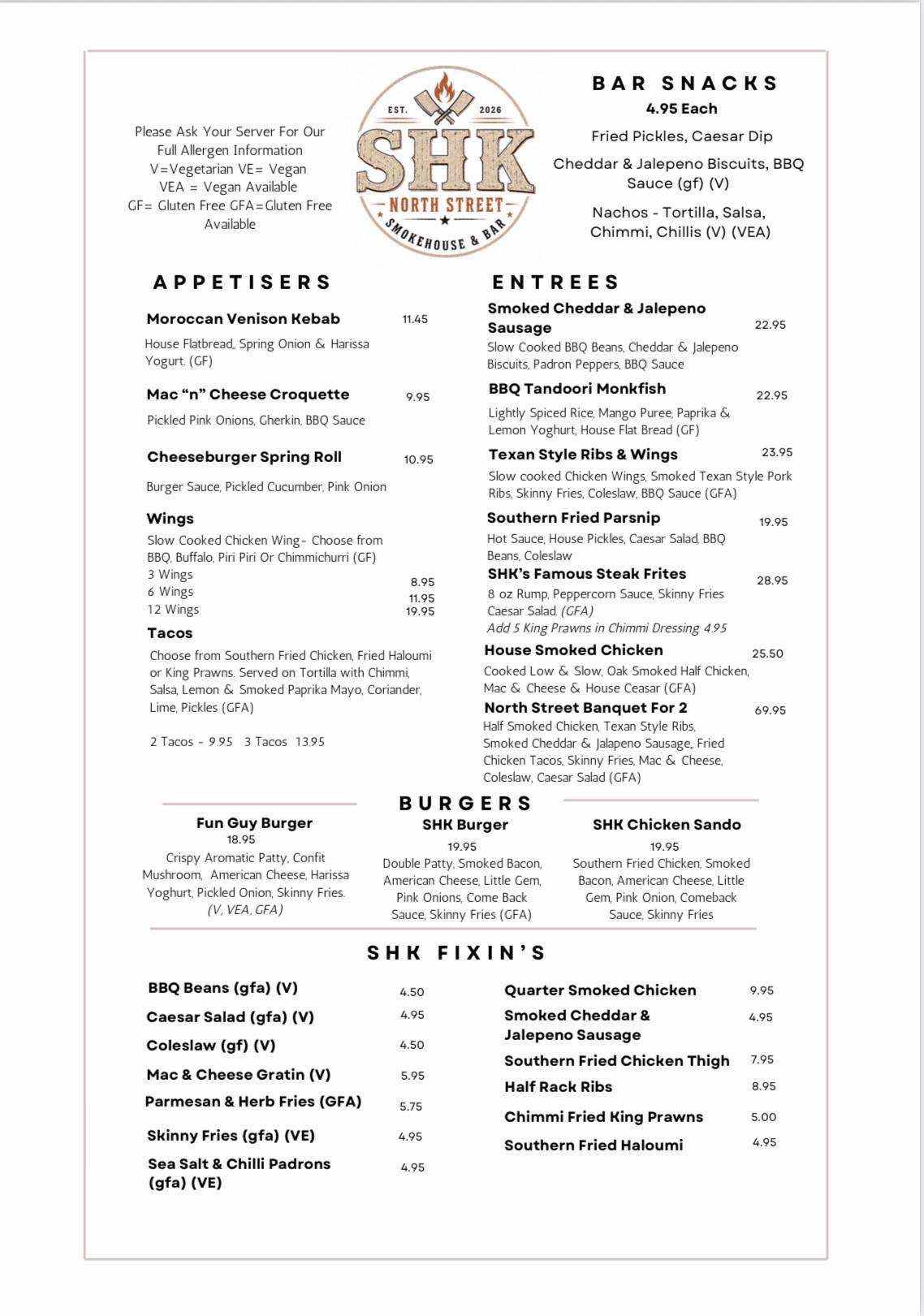 SHK Smokehouse & Bar меню