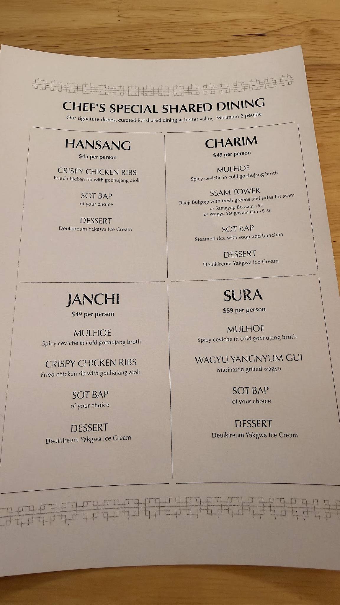 SOT Dining меню