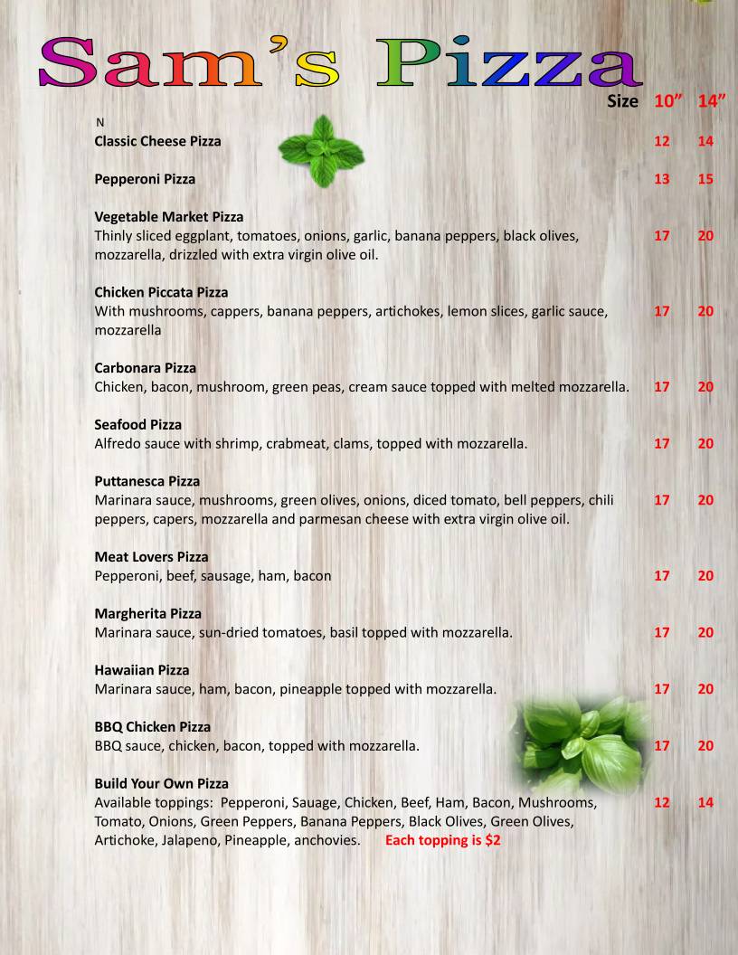 Sam's Ristorante меню