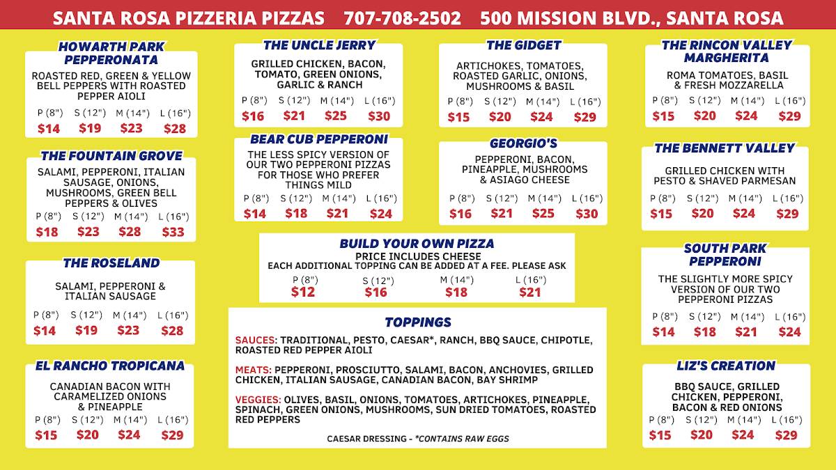 Santa Rosa Pizzeria меню