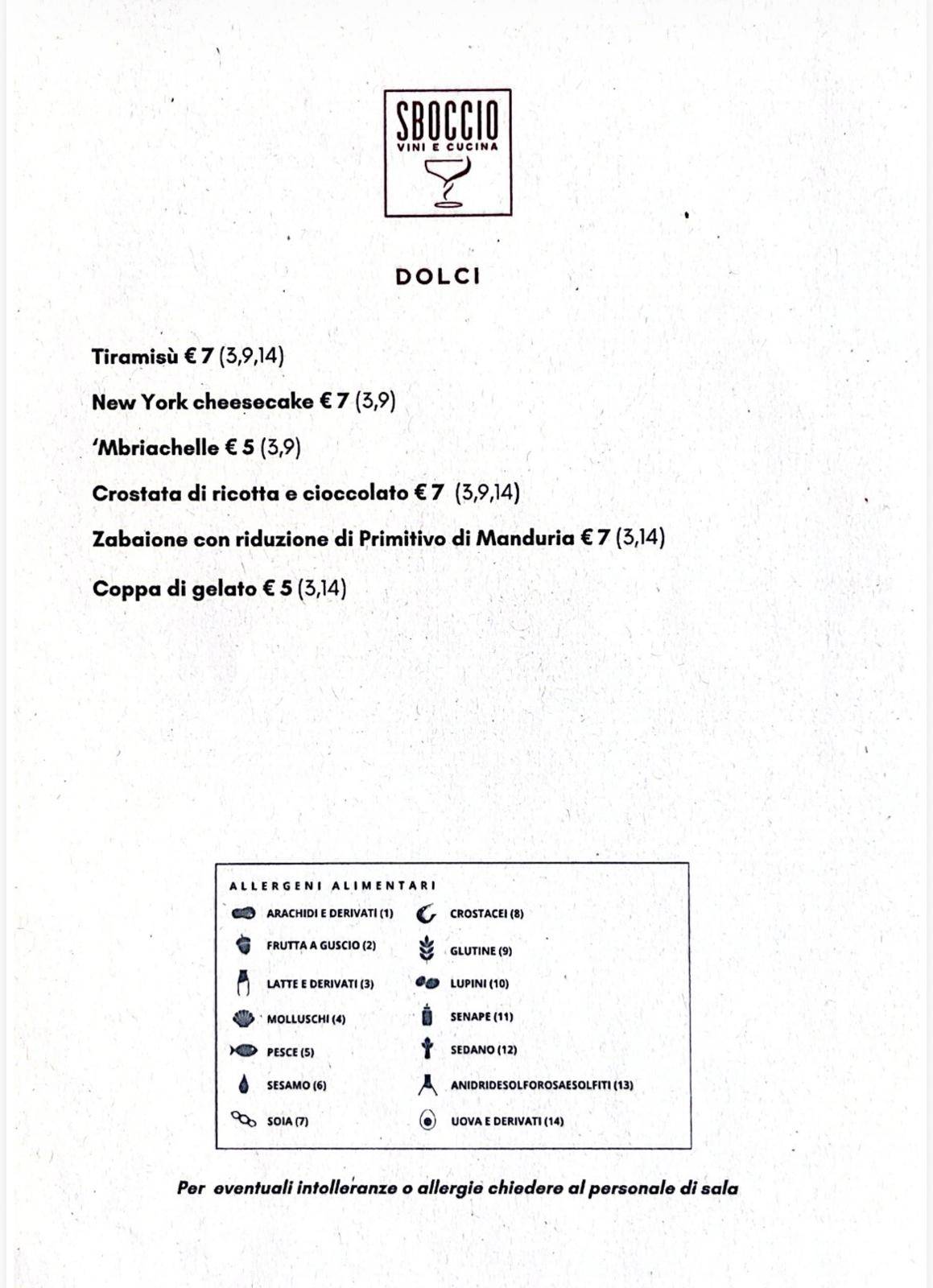 Sboccio меню