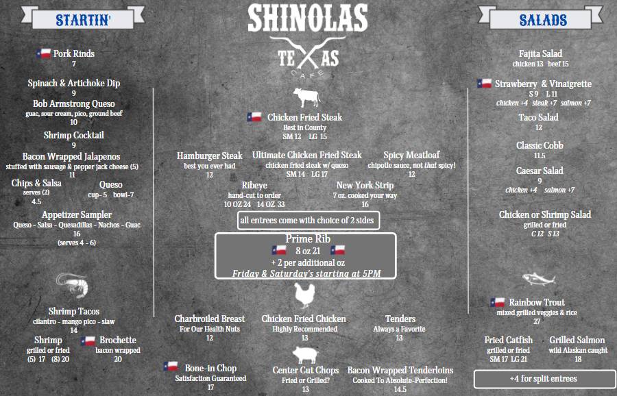 Shinola's Texas Cafe меню