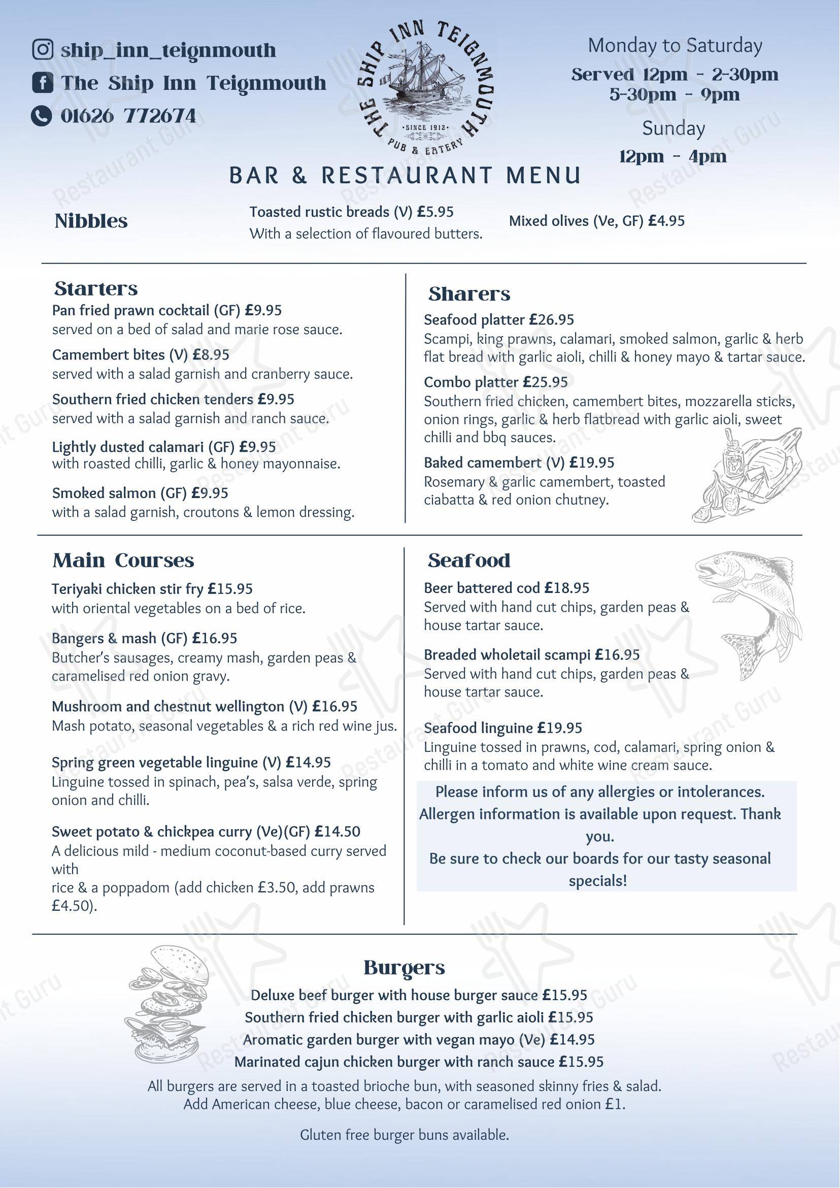 Меню паба и бара Ship Inn - Lunch Menu