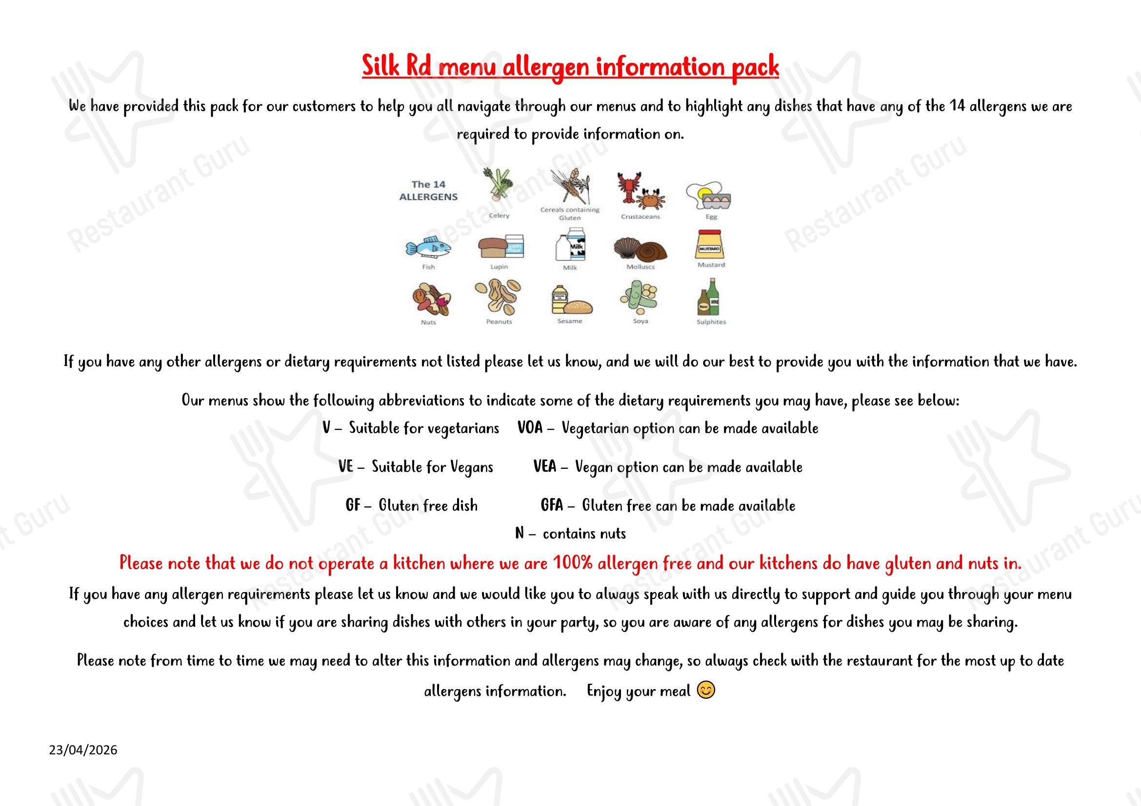Меню ресторана Silk Rd Restaurant Heswall в Хесуолле