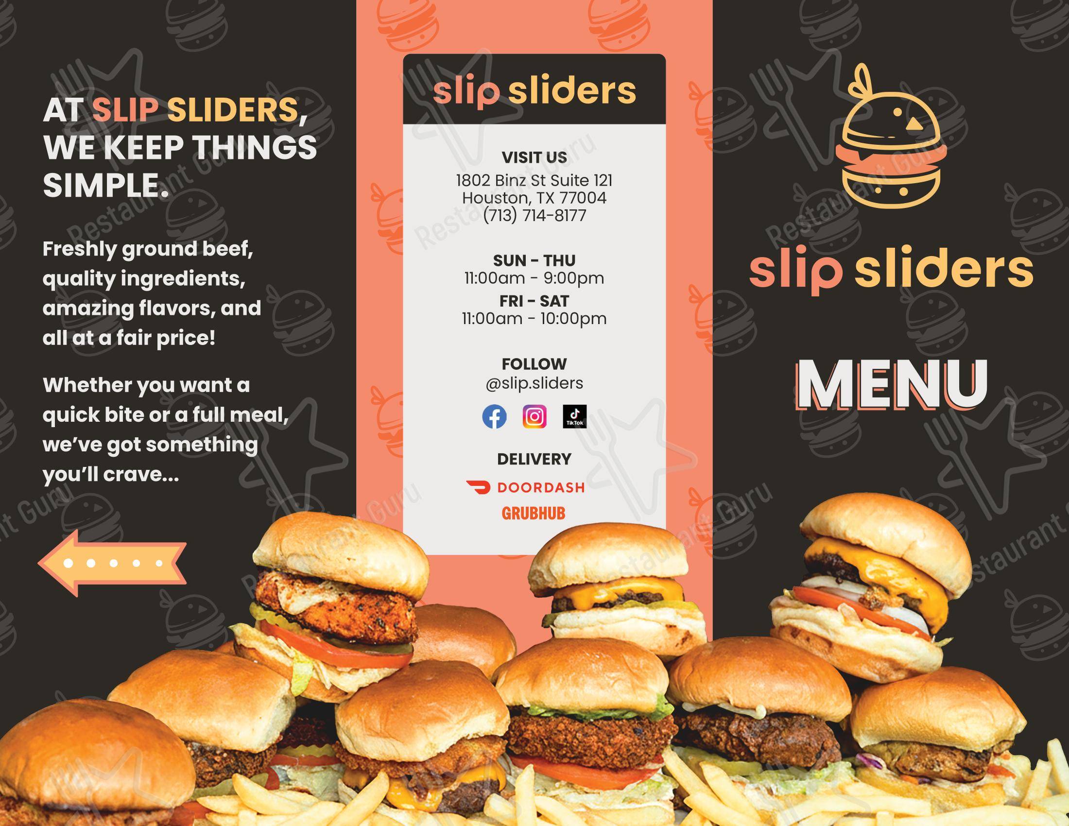 Меню ресторана Slip Sliders