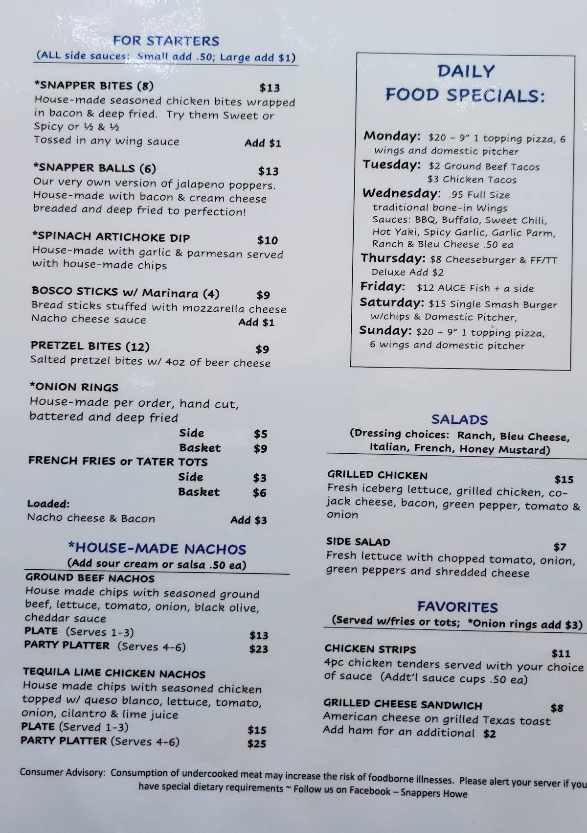 Snappers Sports Bar Howe меню