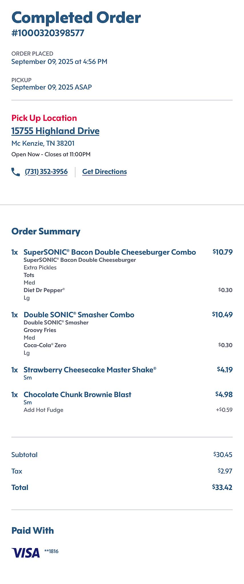 Sonic Drive-In меню