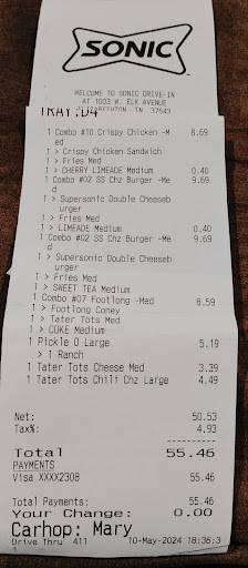 Sonic Drive-In меню
