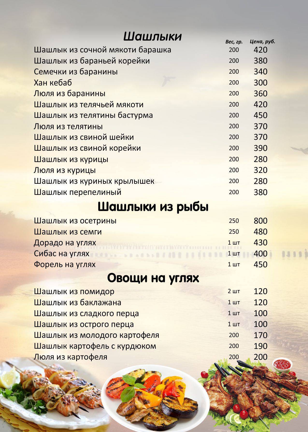 Южный берег меню