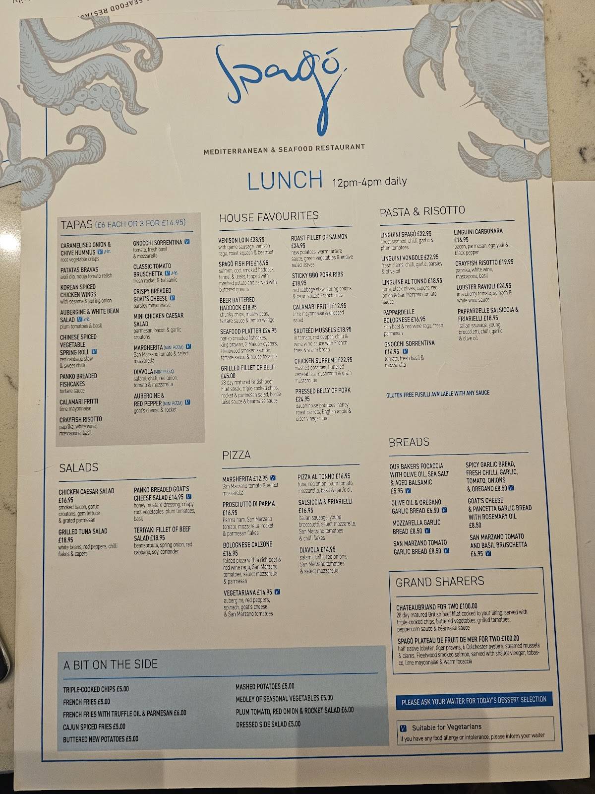 Spagó Mediterranean & Seafood Restaurant меню