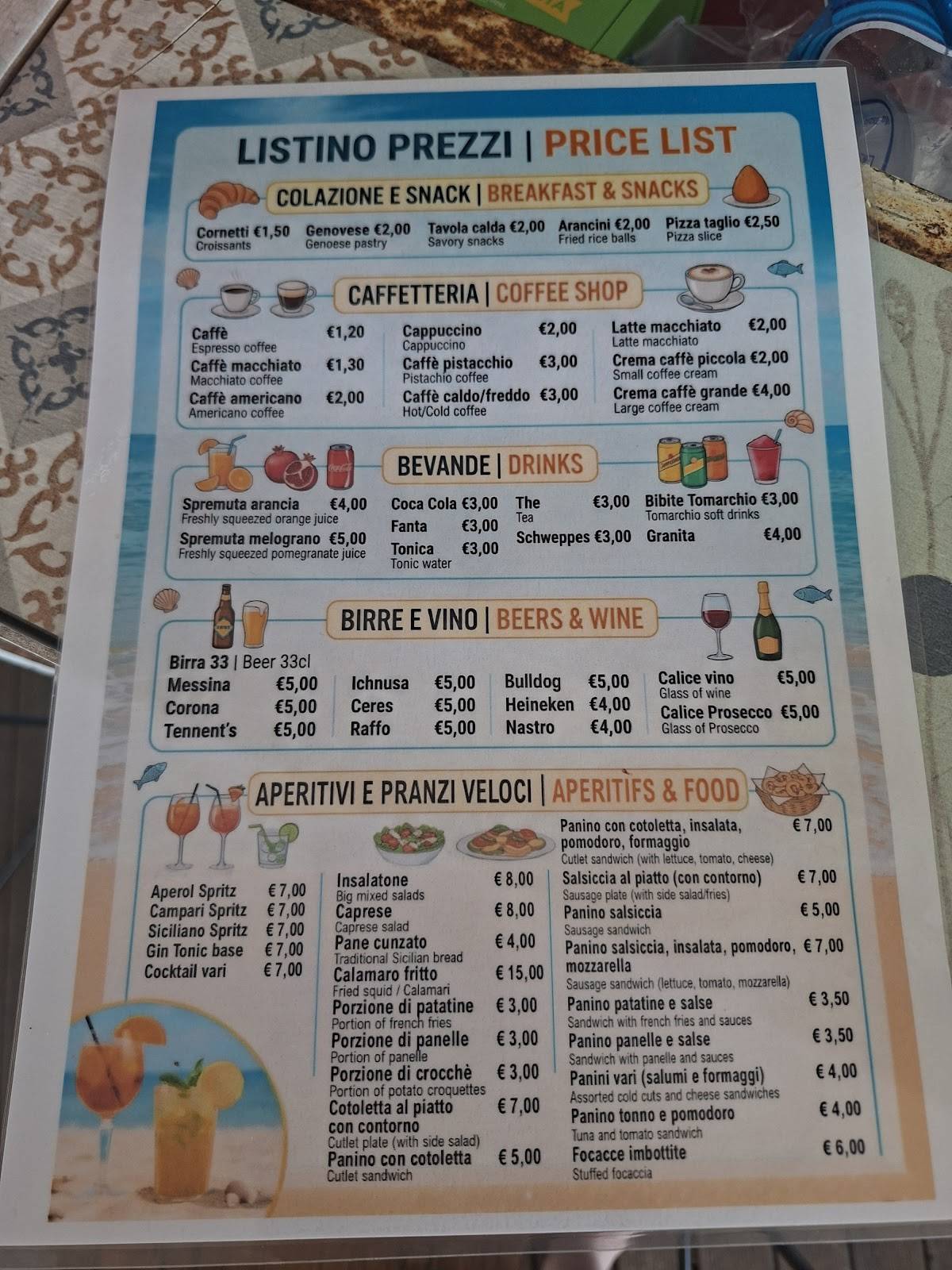 Spiaggia Absolute меню
