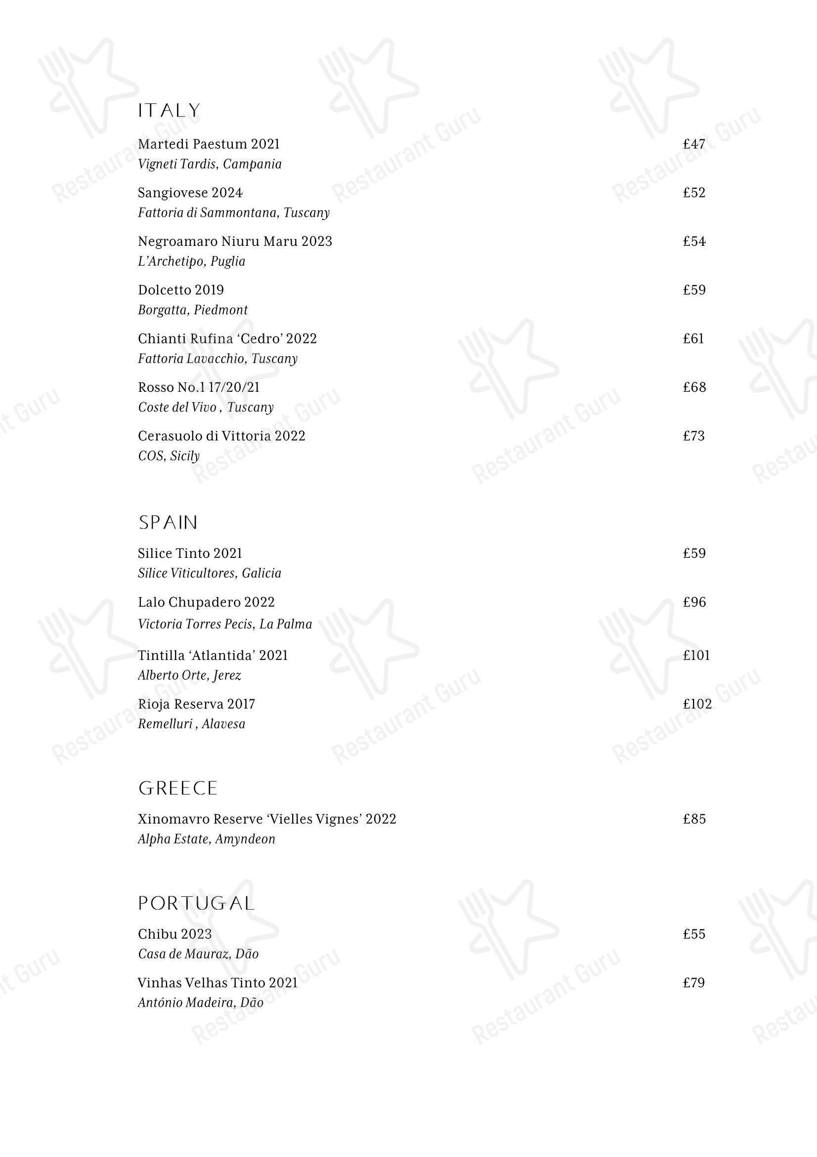 Основное меню ресторана Spring Restaurant в Лондоне