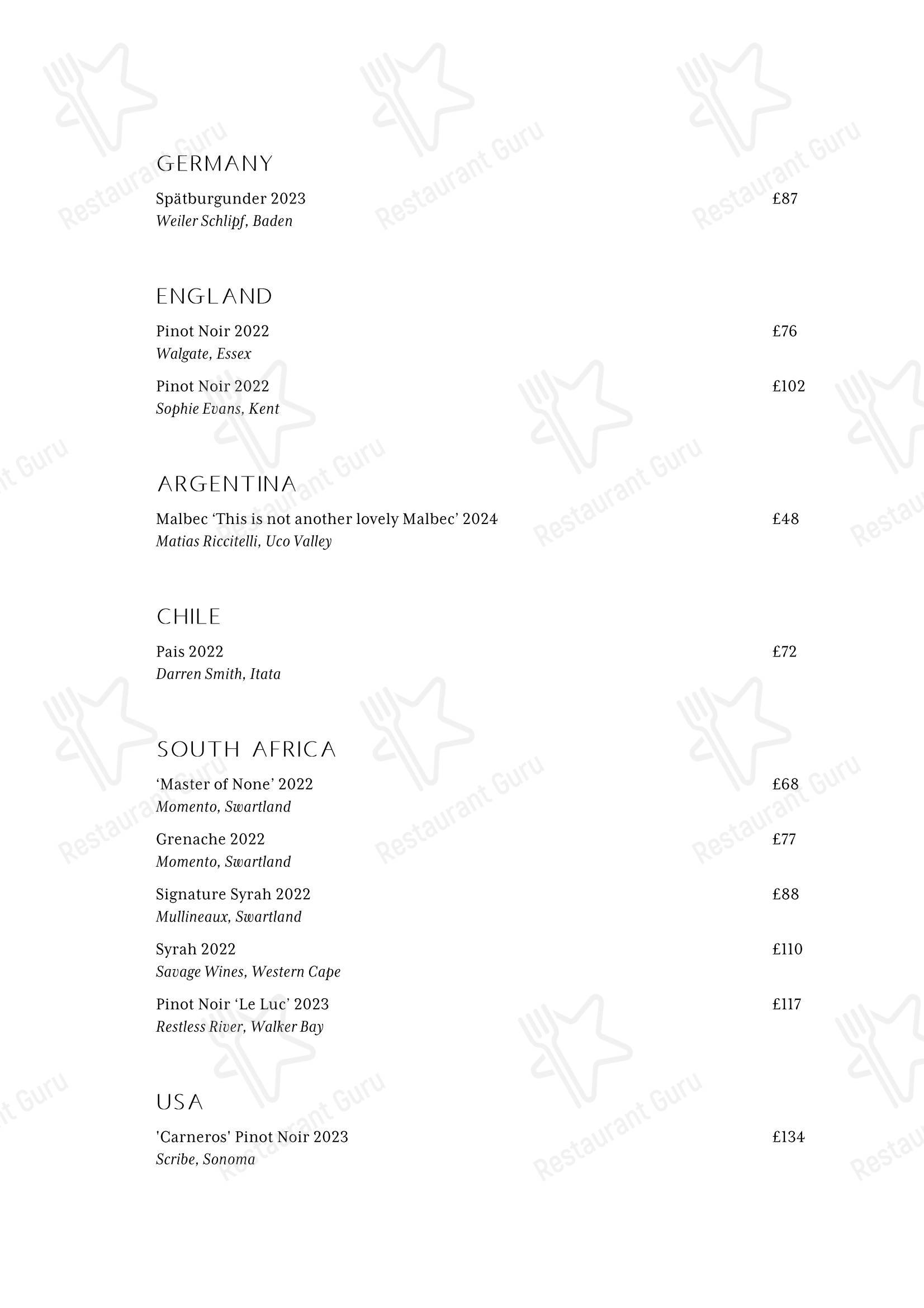 Основное меню ресторана Spring Restaurant в Лондоне
