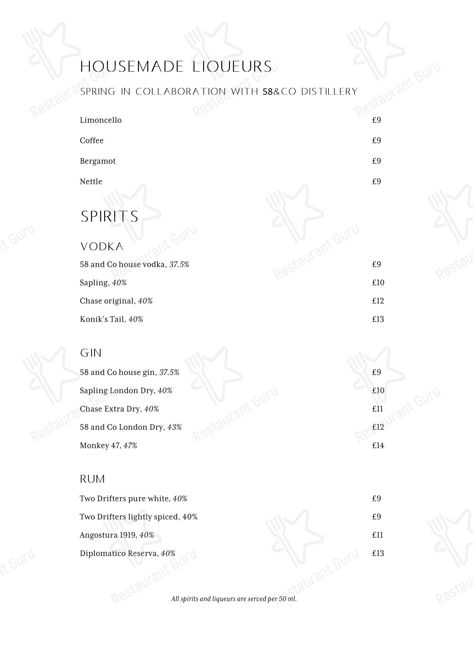 Spring Restaurant в Лондоне - 菜单