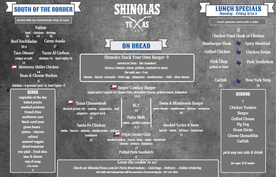 Shinola's Texas Cafe меню