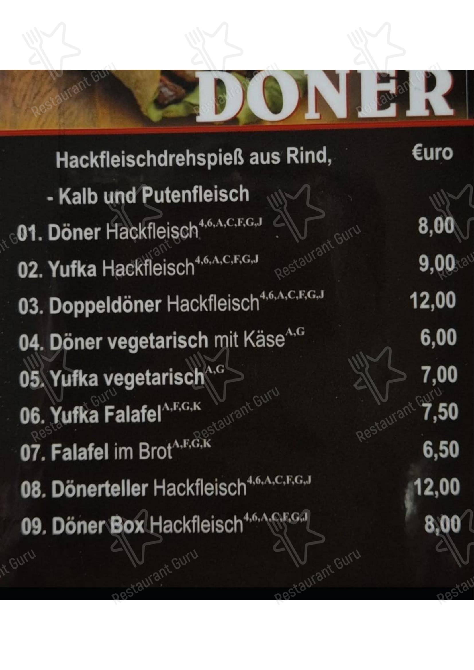 Меню ресторана Stern Kebap в Рангендингене