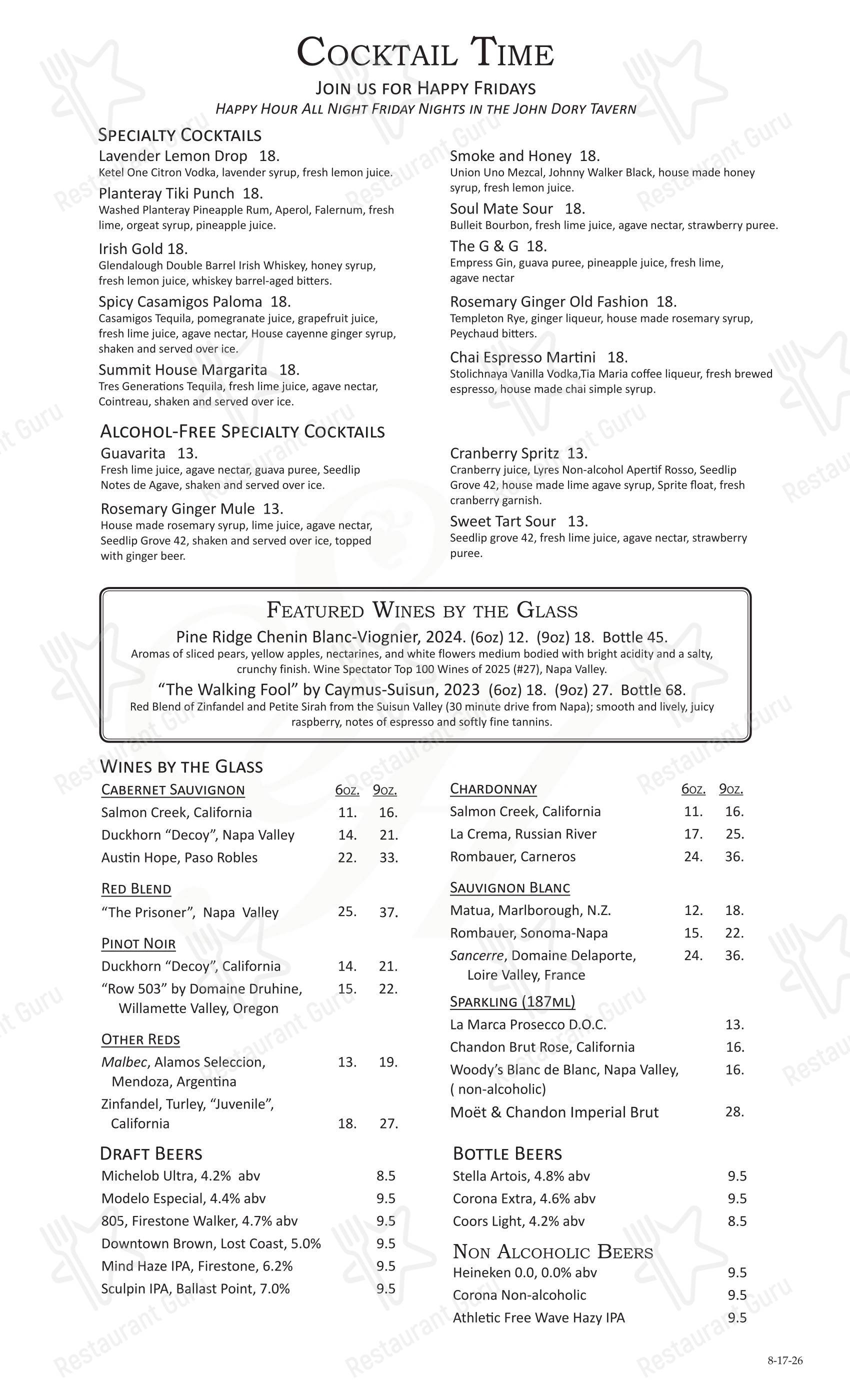 Меню стейк хауса Summit House Restaurant