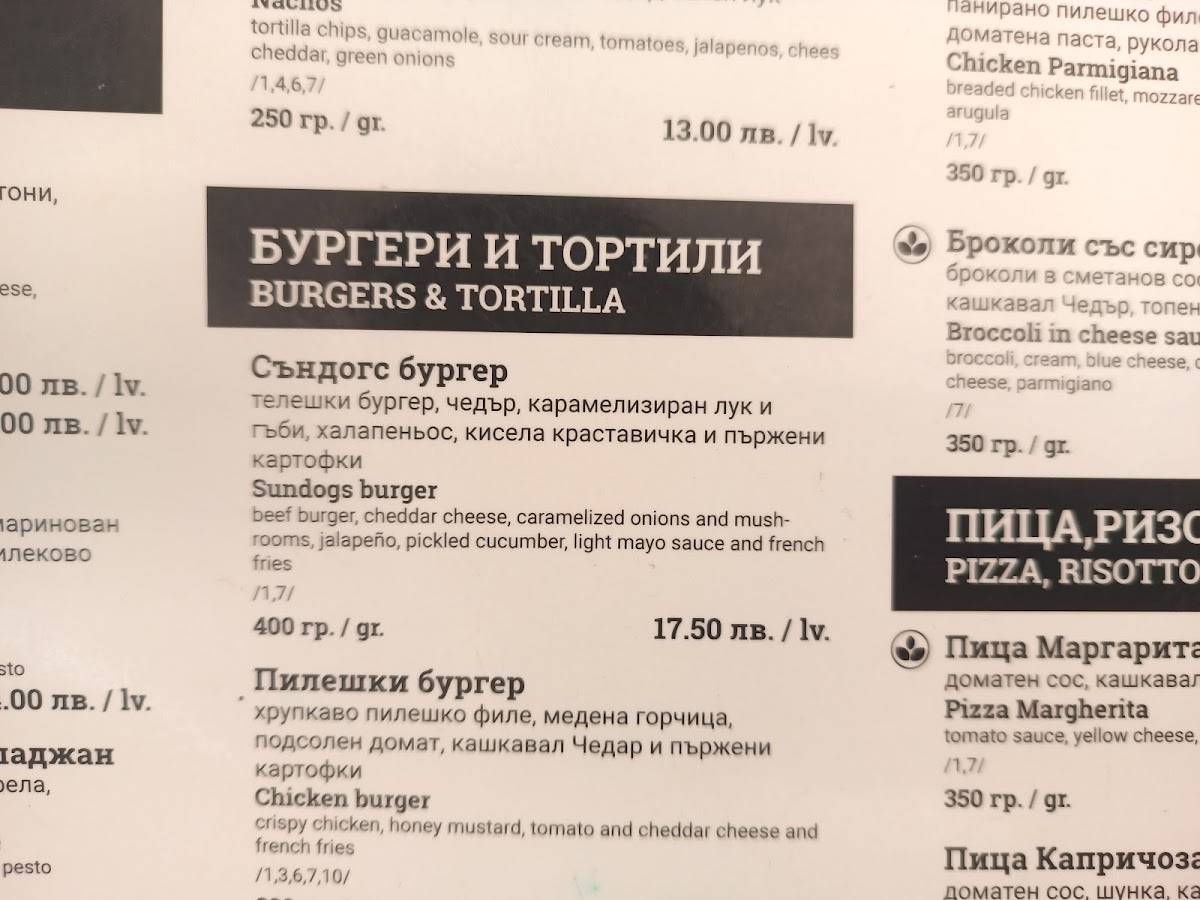 Sundogs меню