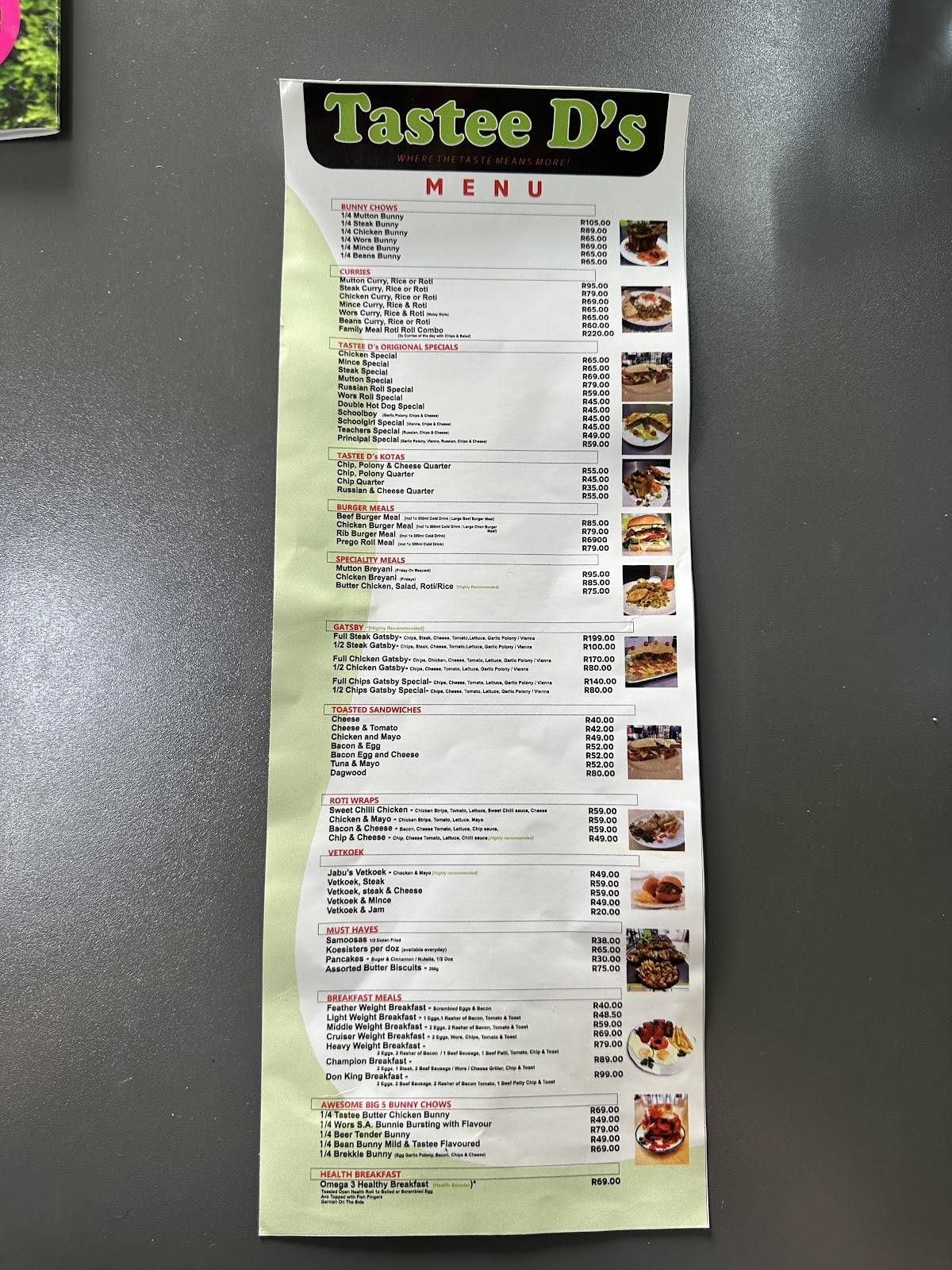 Tastee D's меню