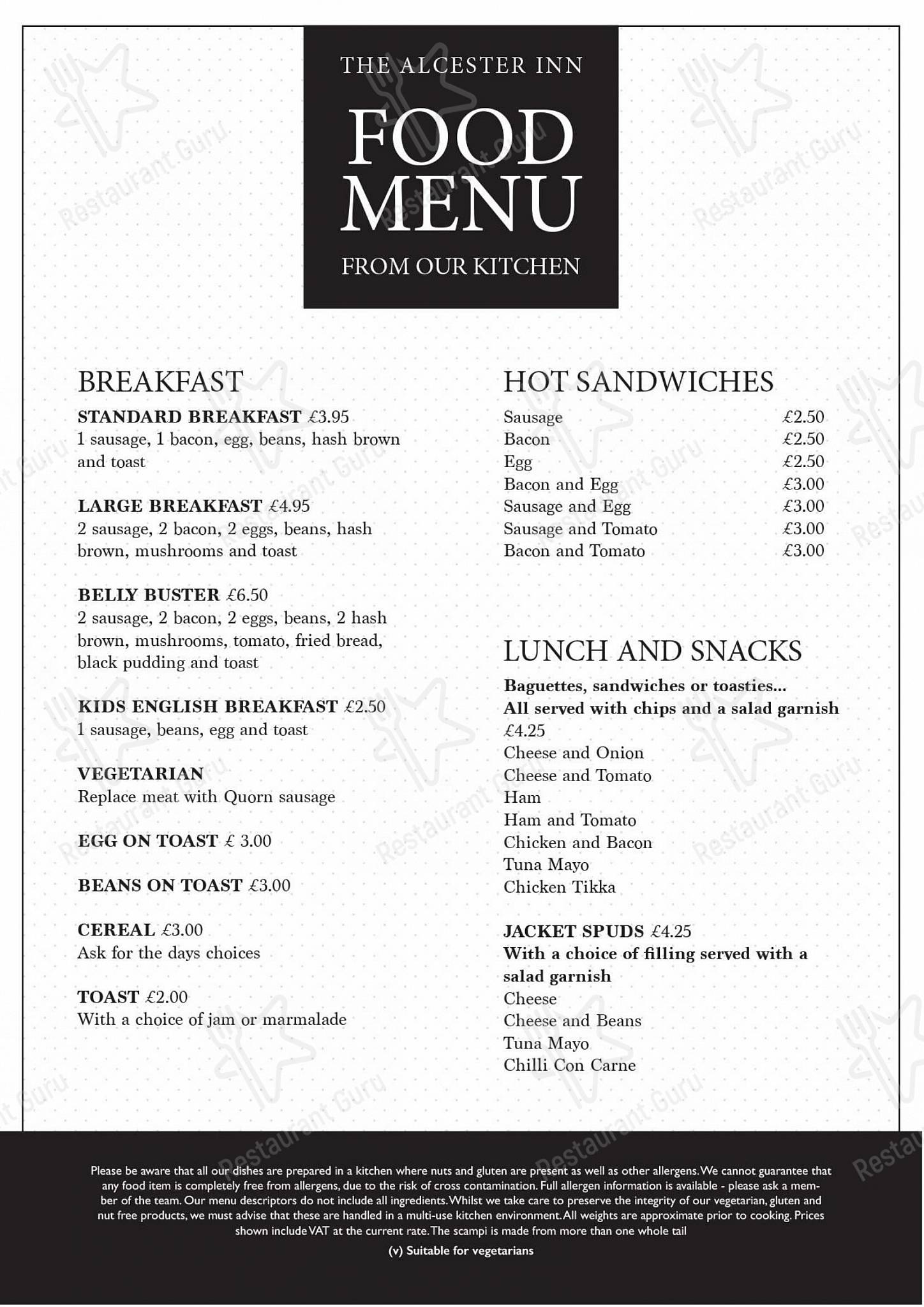Lunch Menu паба и бара The Alcester Inn в Алстере