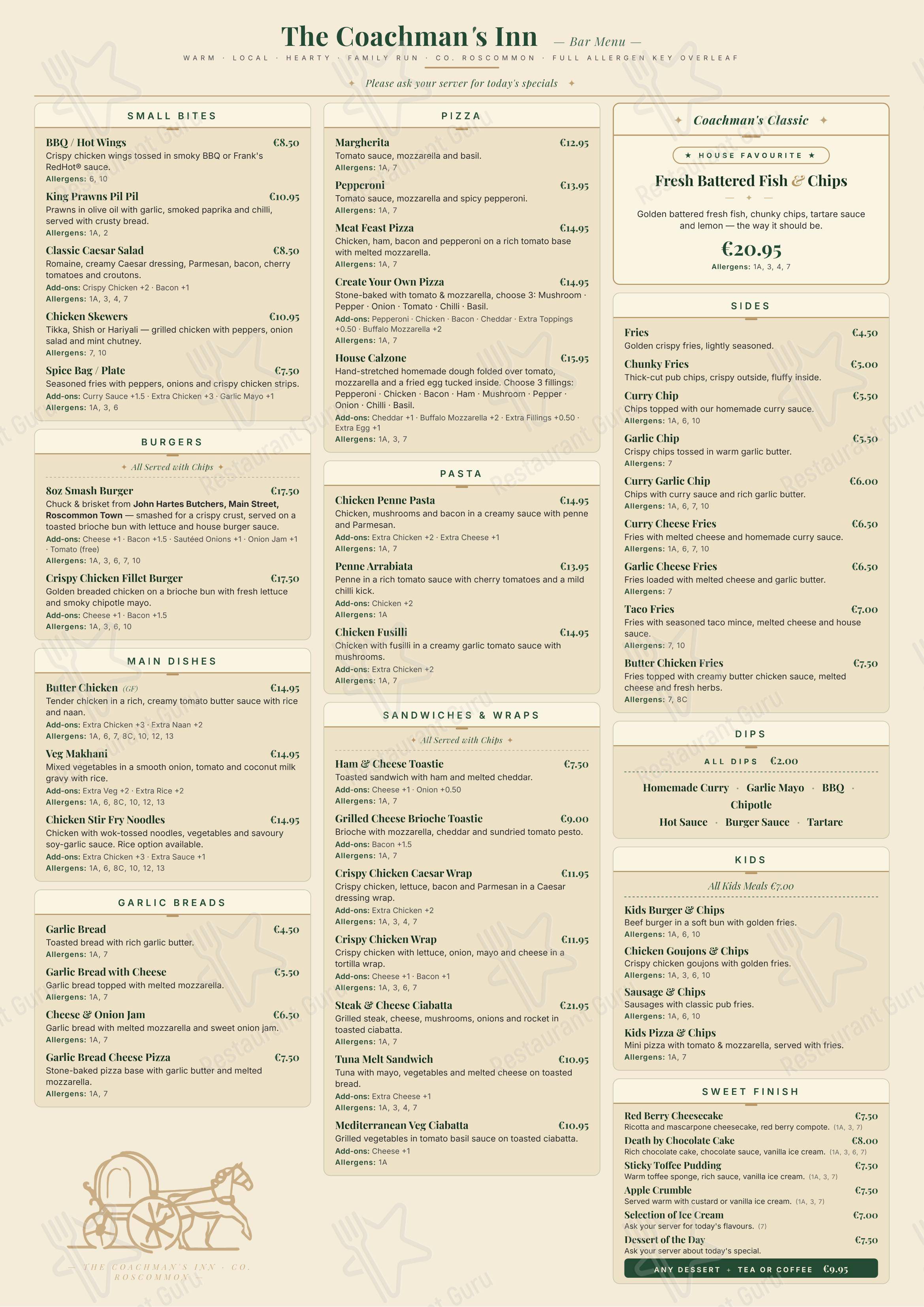 The Coachman's Inn в Роскоммоне - Меню