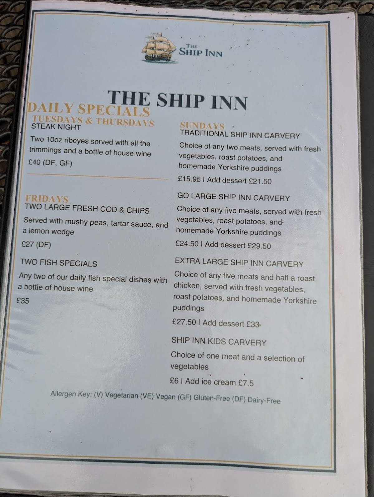 The Ship Inn меню