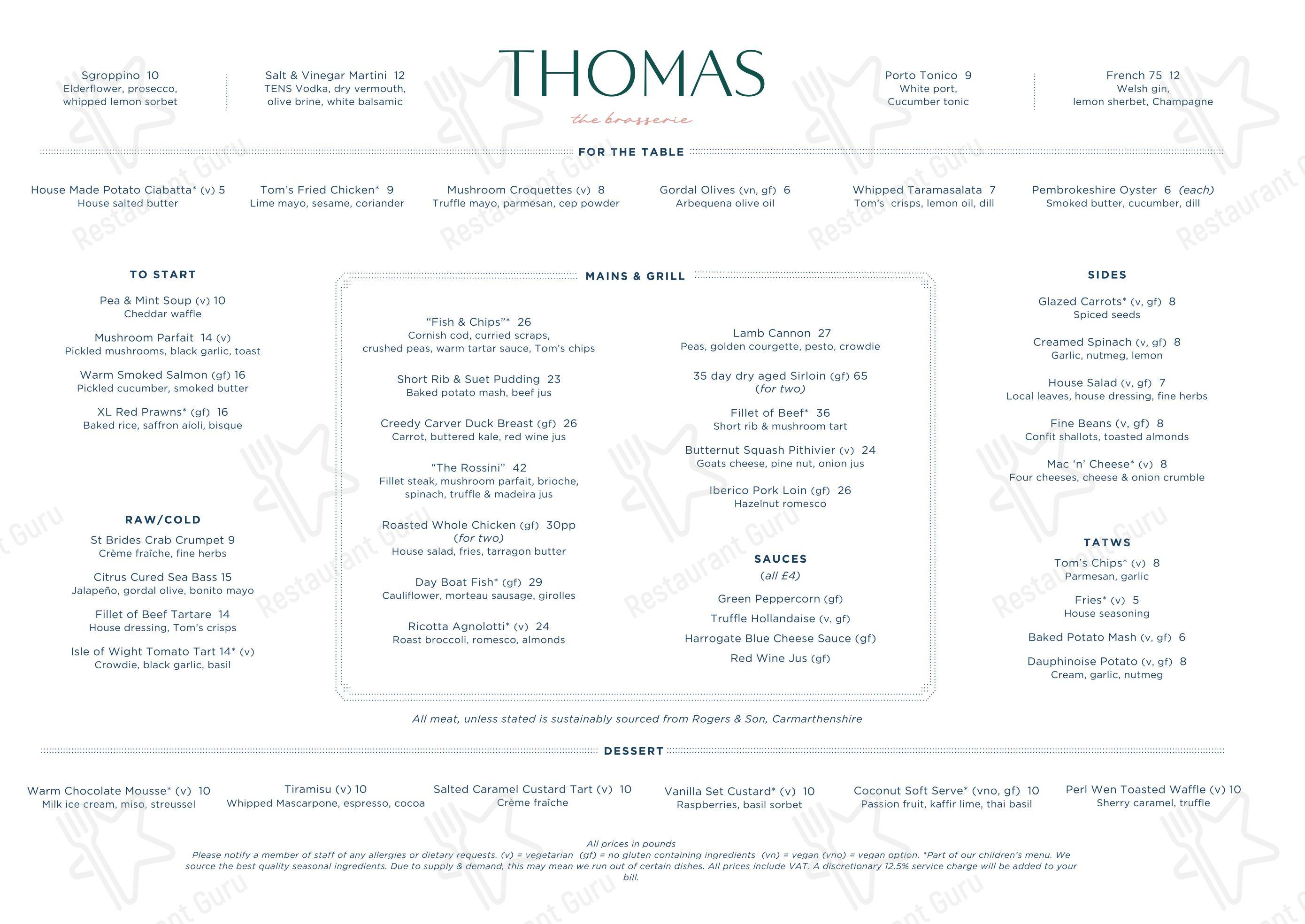 Takeaway Menu ресторана Thomas