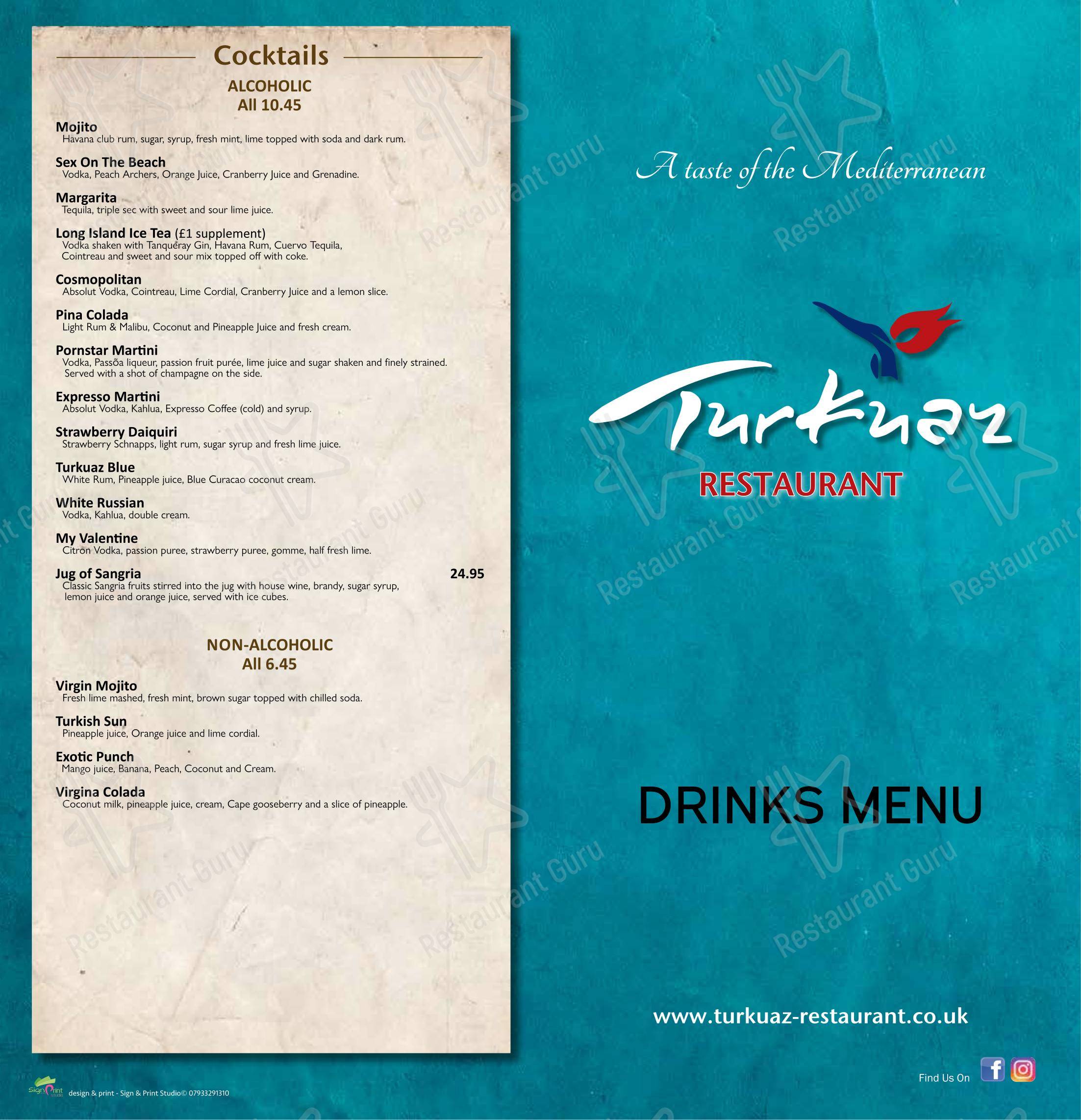 Коктейльная карта ресторана Turkuaz Restaurant в Лондоне