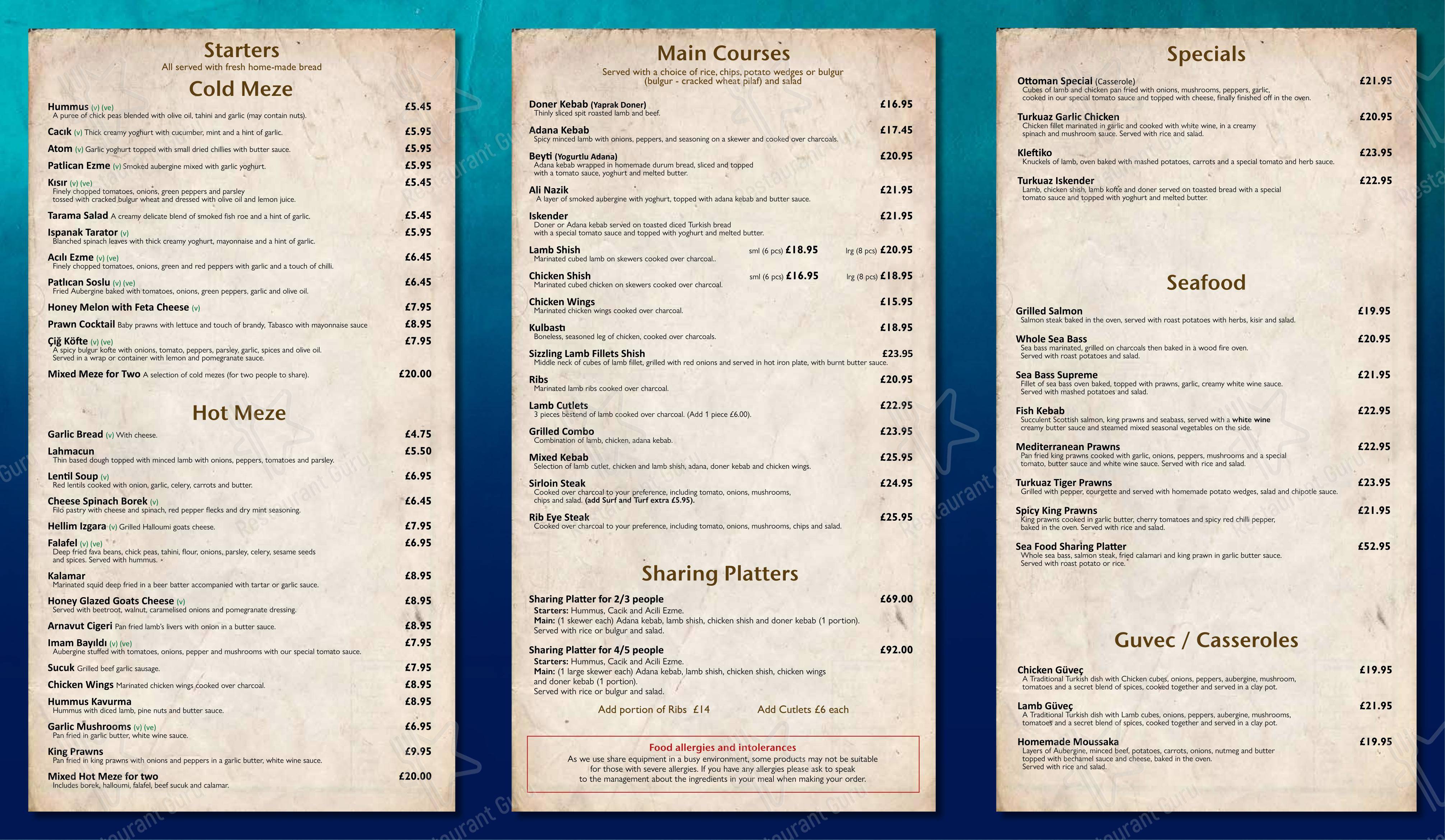 Меню напитков ресторана Turkuaz Restaurant