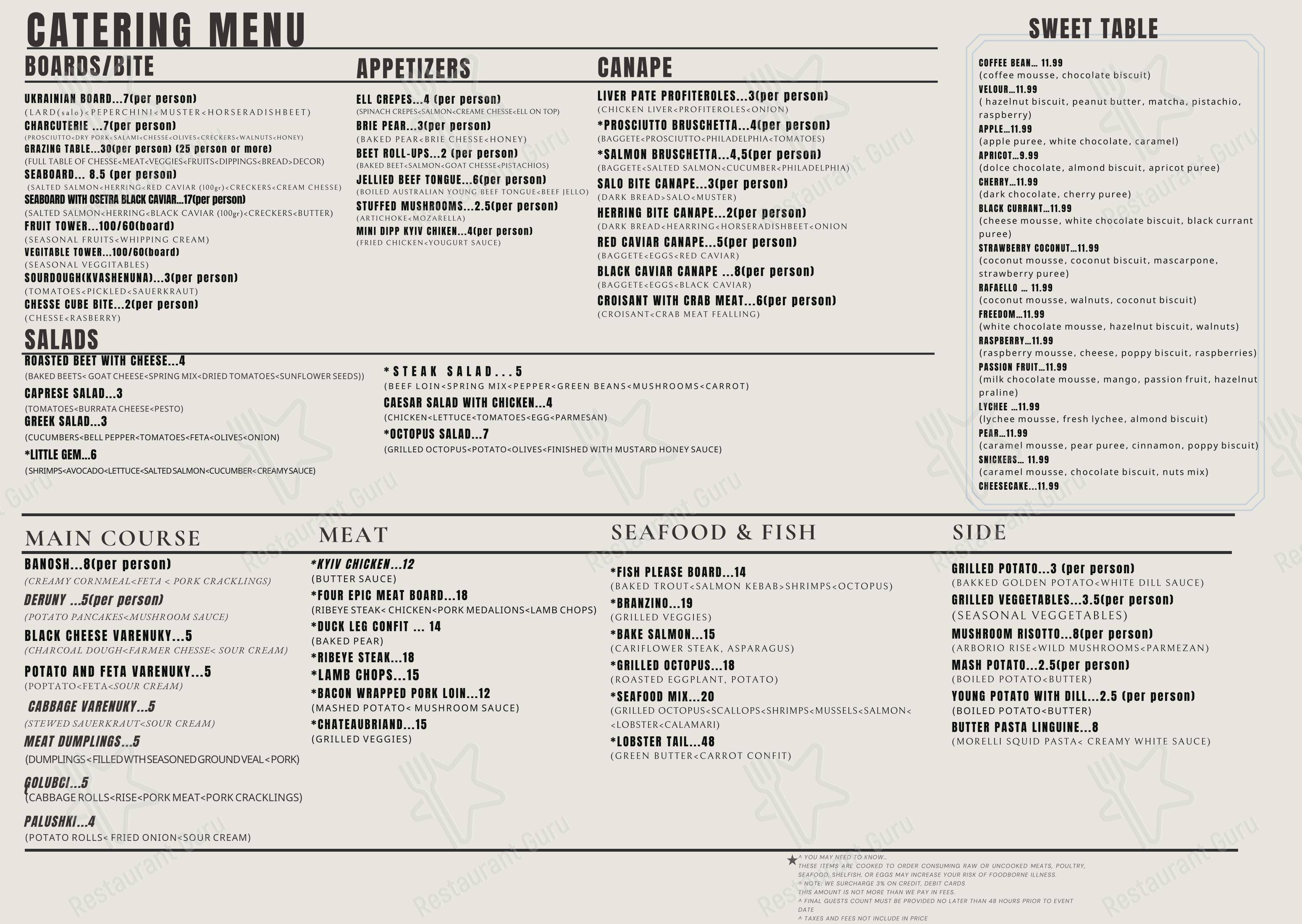 Меню паба и бара Velour Restaurant - Меню