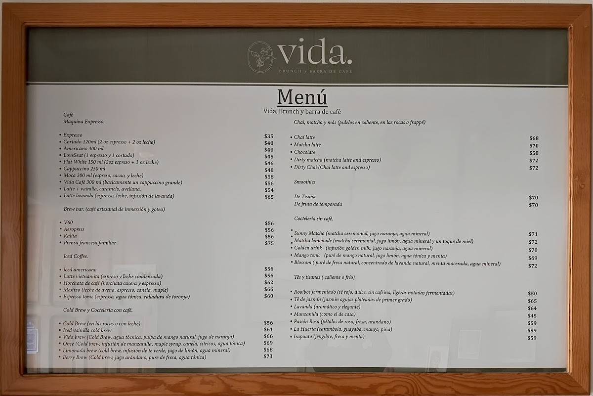Vida, barra de café y brunch. меню