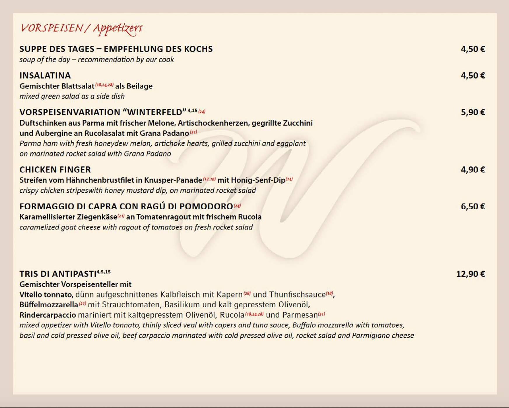 Restaurant Winterfeld меню