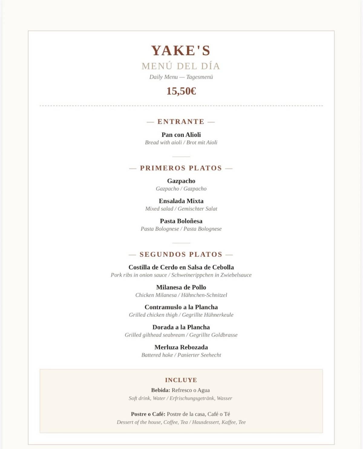 Yake's Cafetería Restaurante меню