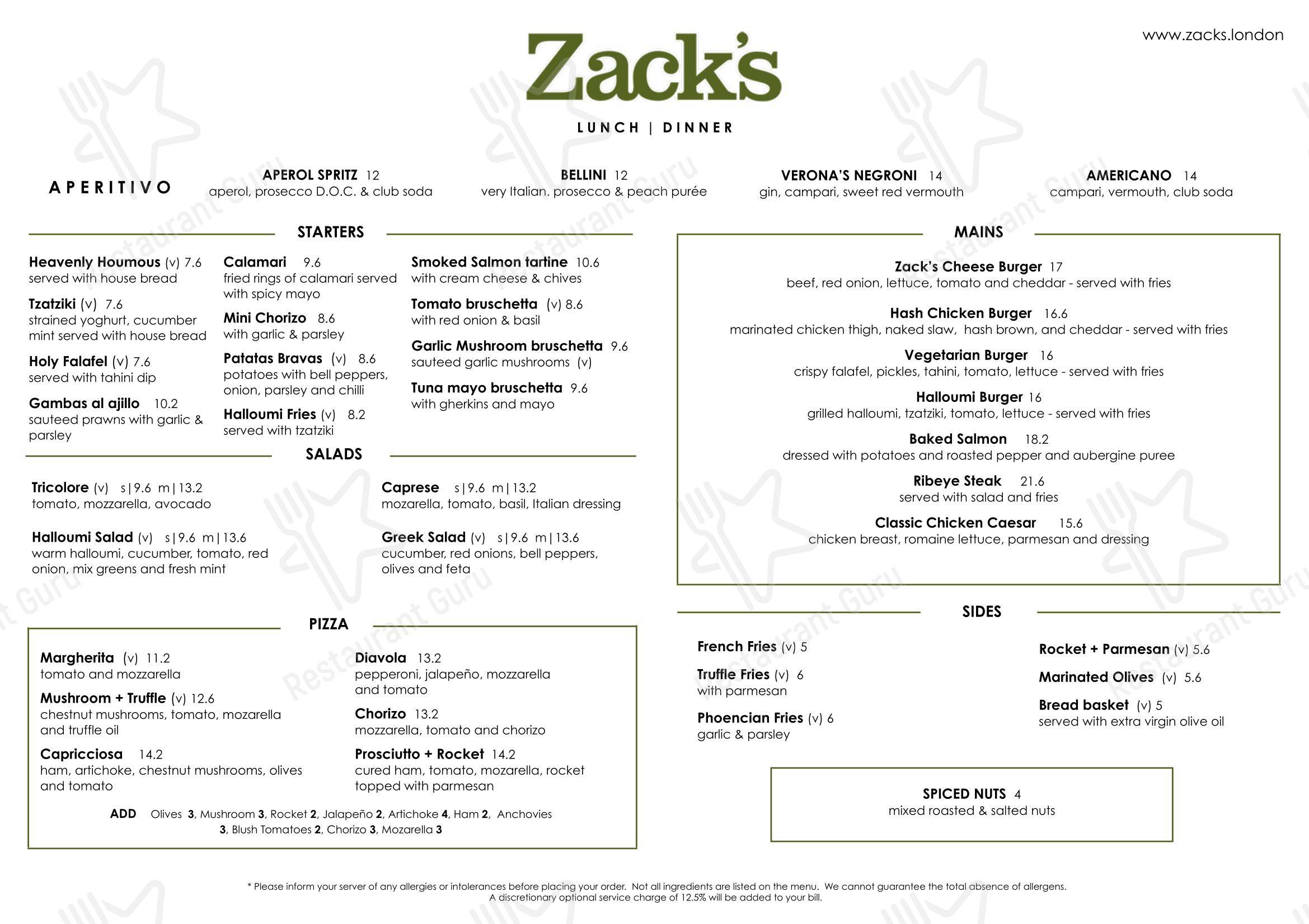 Zack's Gloucester Road в Лондоне - Меню