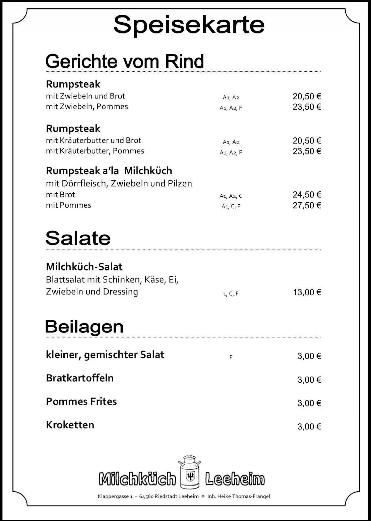 Zur Milchküch меню