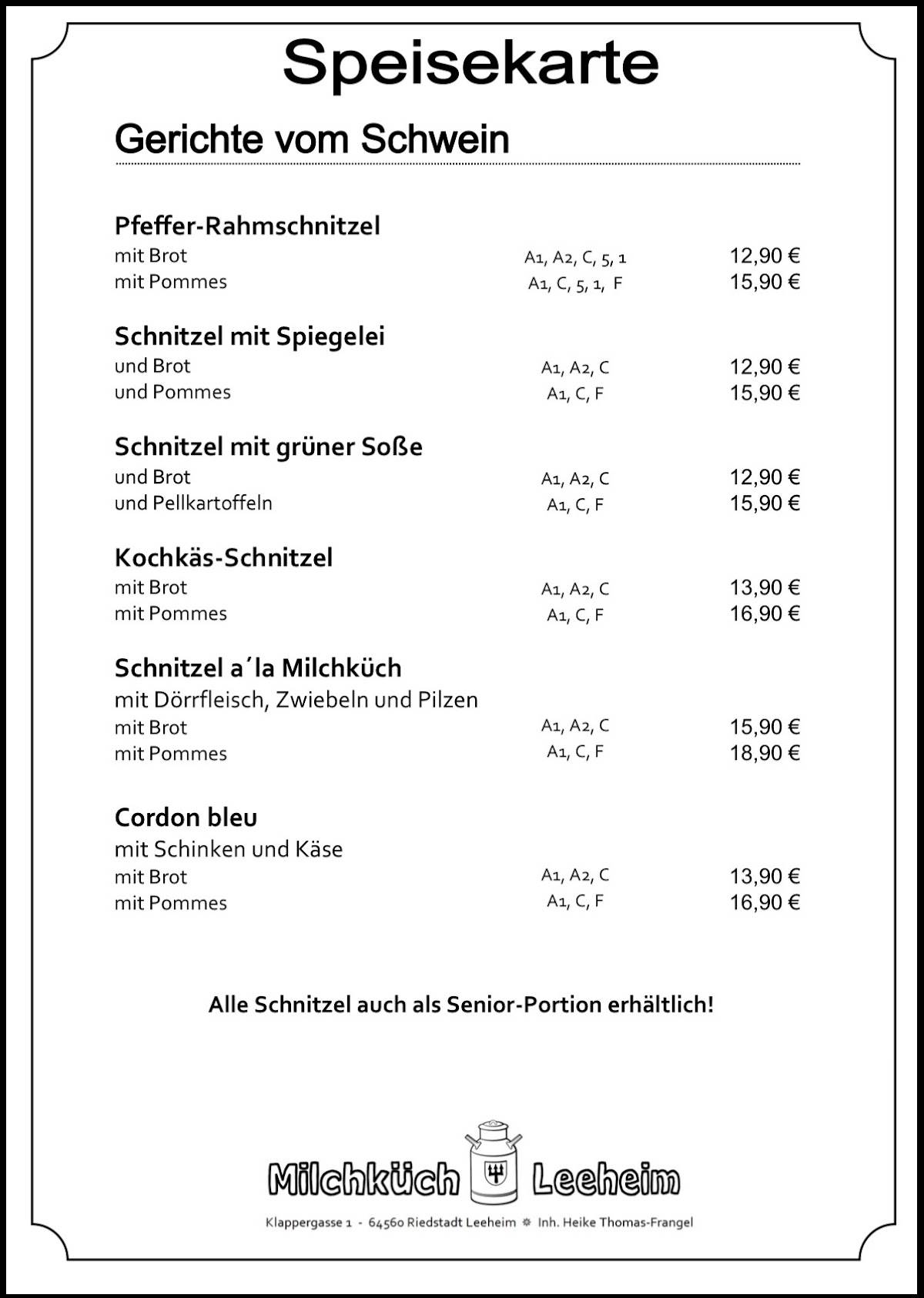Zur Milchküch меню